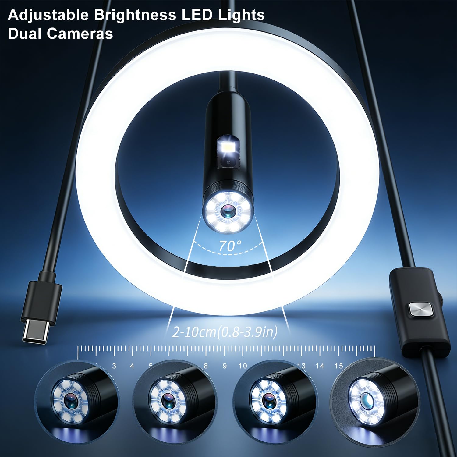 Endoskopkamera mit Licht, 5M Dual-Linsen-Boreskop Werkzeuge mit 8 einstellbaren LED-Lichtern, Endoskop mit halbstarrer Schlangenkamera, IP67 Wasserdichtes Endoskop für iOS und Android (Dual-Linse 5M)