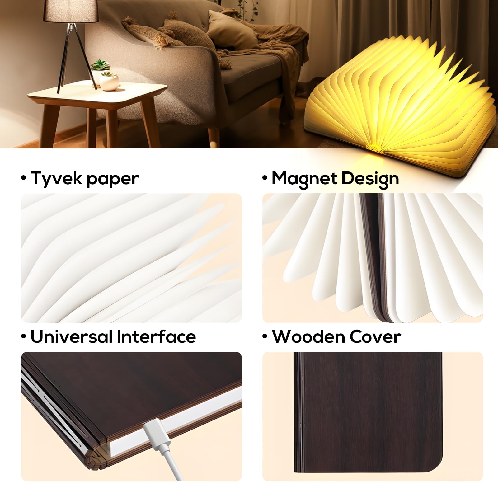 Lampada da libro pieghevole in legno, lampada da libro pieghevole a 360°, lampada da libro in legno con 3 colori, pieghevole Magnetiche per libri USB, ricaricabile a batteria, per camera da letto e