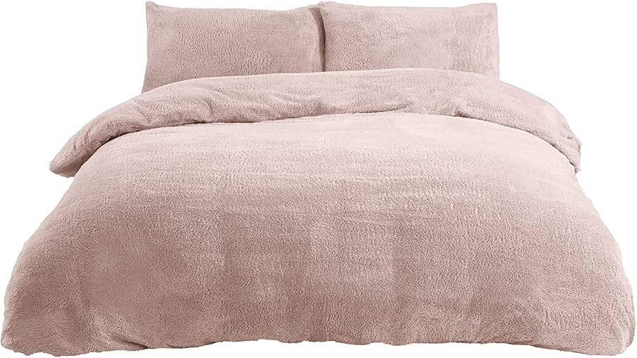 Sleepdown Teddy fleece dekbedovertrek set met kussenslopen, warm, gezellig, superzacht, voor eenpersoonsbedden, Blush Pink