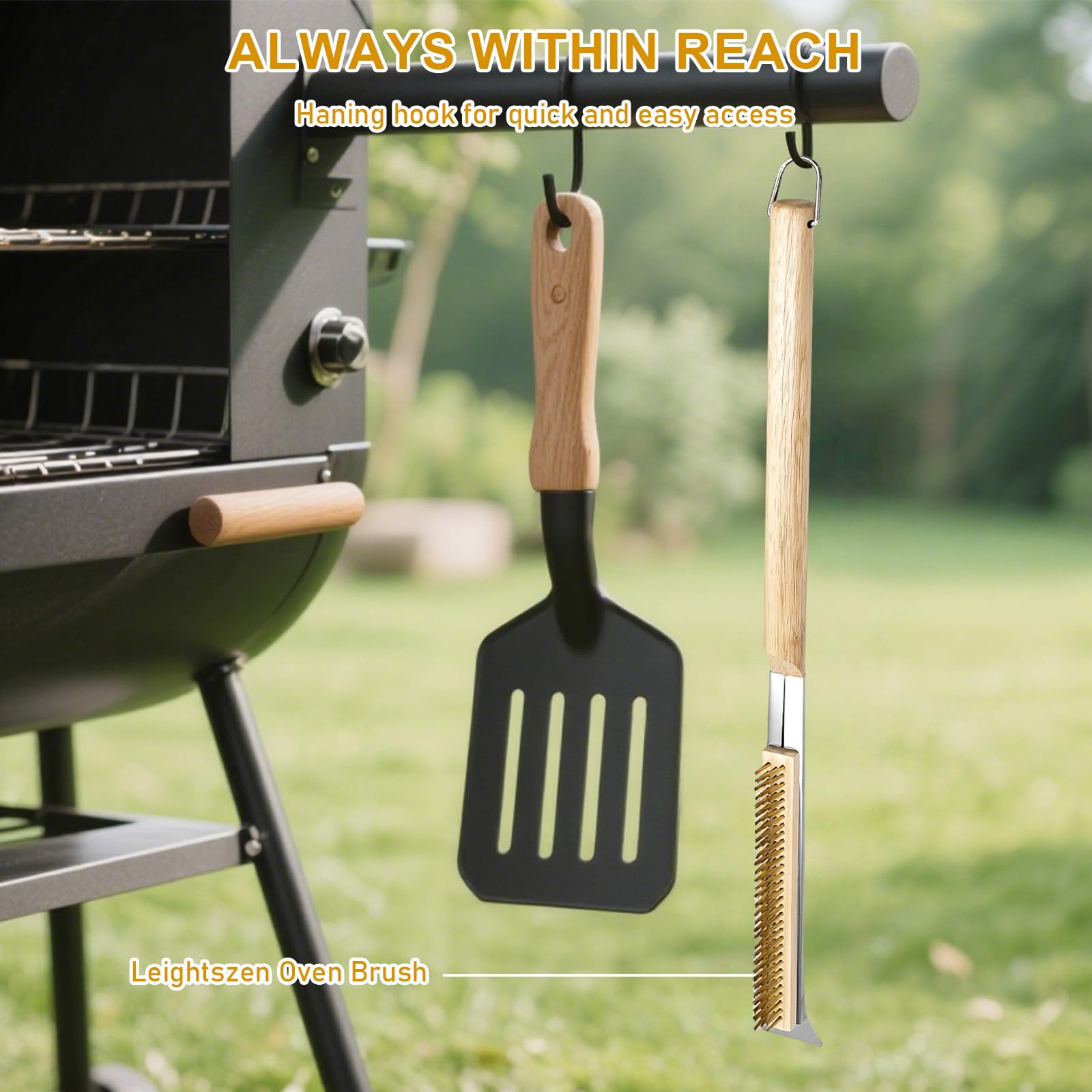 Pizzaofenbürste mit Edelstahl-Steinschaber, 66CM Reinigungsbürste Grill mit Holzgriff und Ring, Pizzasteinbürste für Pizzaofen Gasgrill Ofenbürste, Pizzastein Grillzubehör mit Ersatzbürstenkopf