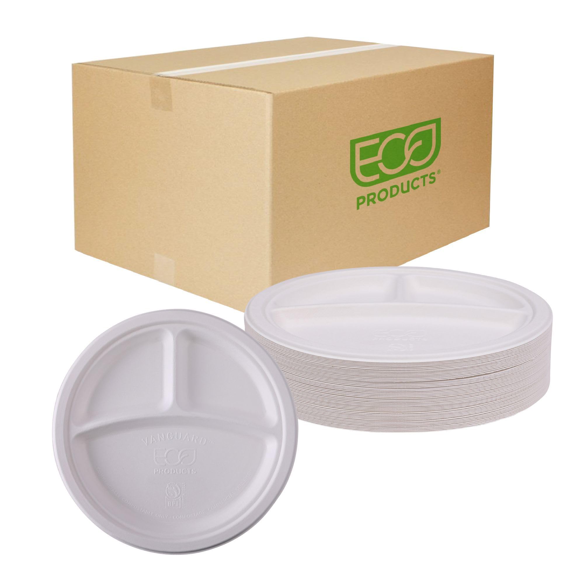 ECO PRODUCTS Platos de papel compostables Vanguard de 9 pulgadas, caja de 500, fibra moldeada blanca desechable de 3 compartimentos, redondos, sin árboles, sin PFAS, cumple con ASTM, certificado BPI