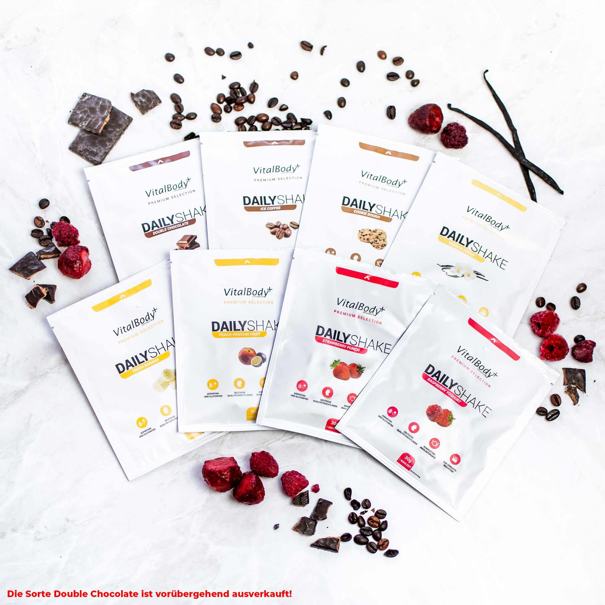 VitalBodyPLUS DailyShake 8er Probierpaket mit Premium Shaker, 8 x 30 g, Mahlzeitenersatz-Shake zum Abnehmen, nur 250 kcal pro Shake, kalorienarm, lecker & schnell zubereitet