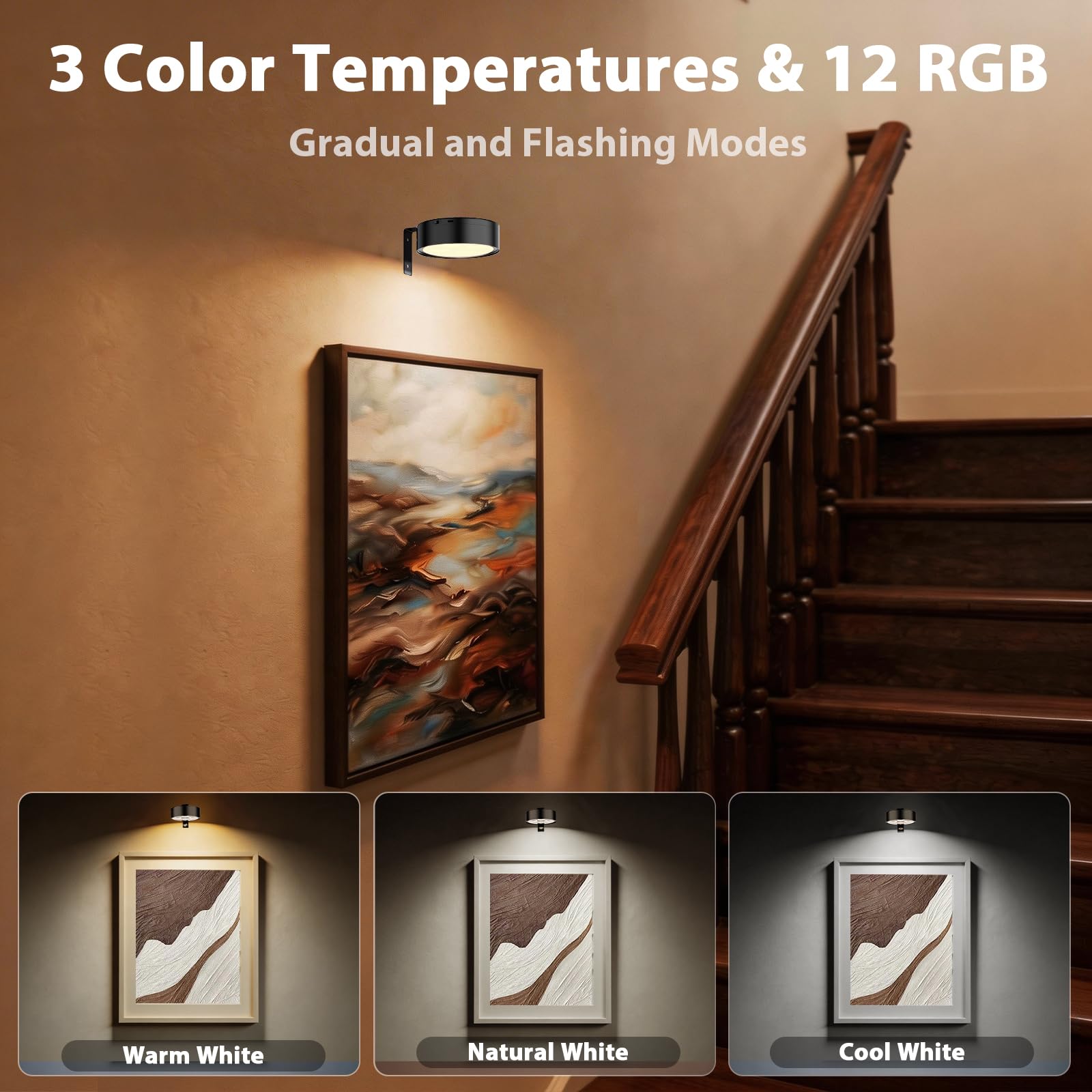 Aplique Luz para Cuadros sin Cable, 13 RGB Luces LED Magnéticas Inalámbricas Recargables, 3PCS, 451LM, Doble Control Remoto/Modo Pulsador, Lámpara de Pared para Cuadros y Pinturas (Negro)