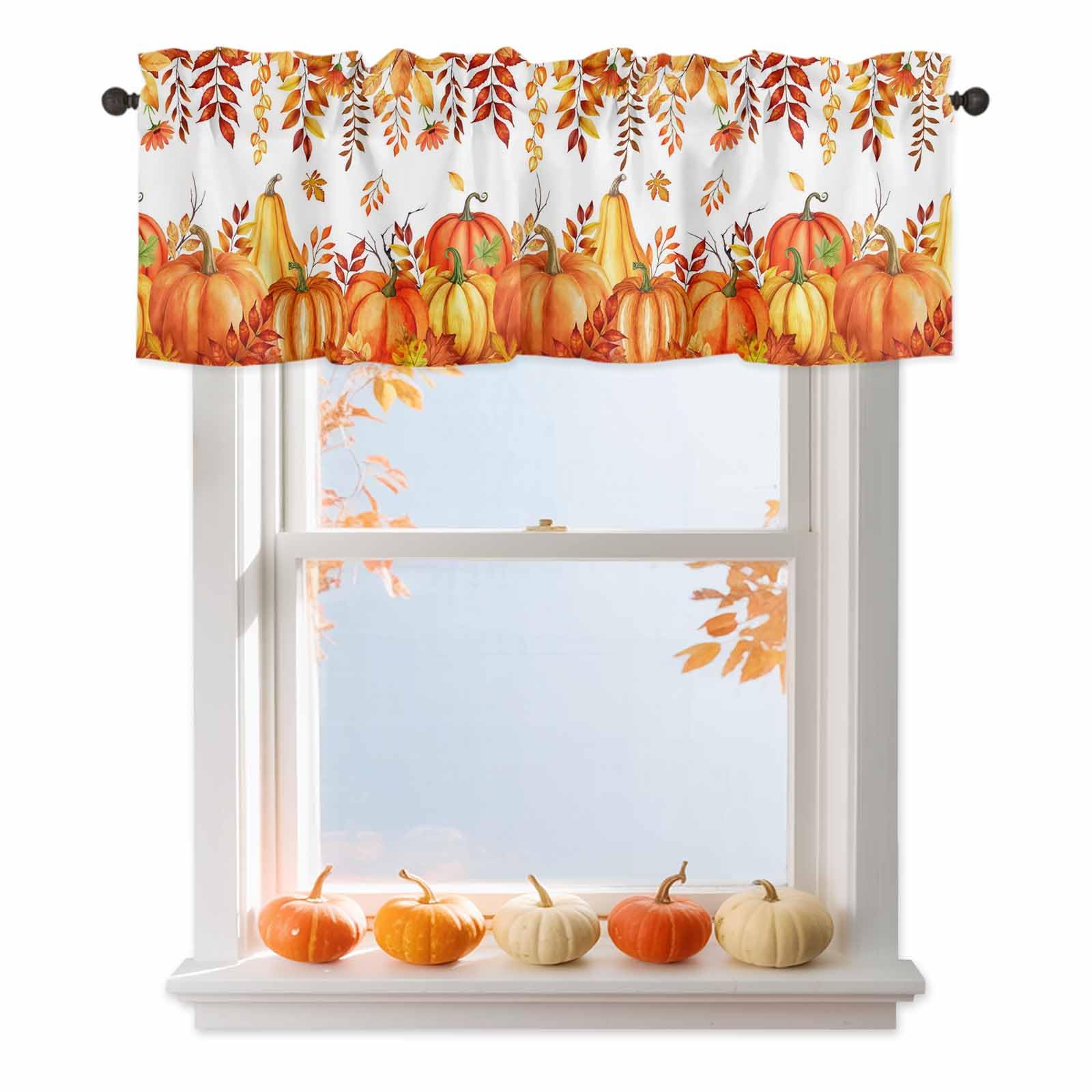 BEMIGO Fall Valances for Windows Thanksgiving Kitchen Valance Curtains Orange Pumpkin Maple Leaves Light Filtering Thermal Insulated Window Curtains for Living Room Bedroom Decor, 42x12in
