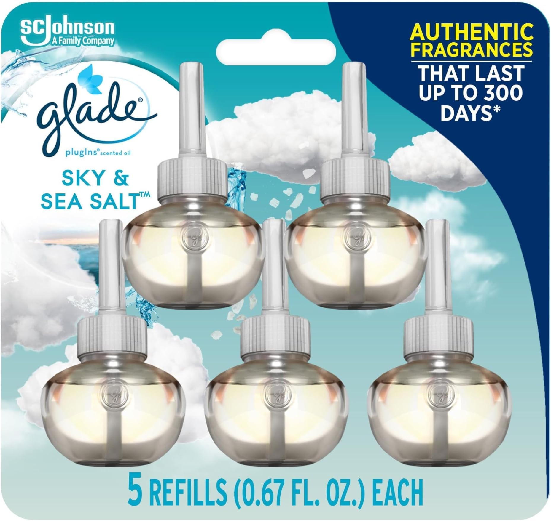 Glade PlugIns Refills Air Freshener, Scented and Essential Oils for Home and Bathroom, Sky & Sea Salt, 3.35 Fl Oz, 5 Count