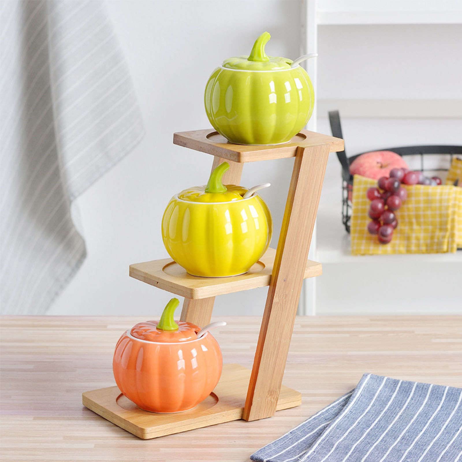 Juego de 3 azucareros coloridos de cerámica con tapa y cuchara, divertidos tarros de sal y pimienta en forma de calabaza, caja de especias con base y cuchara