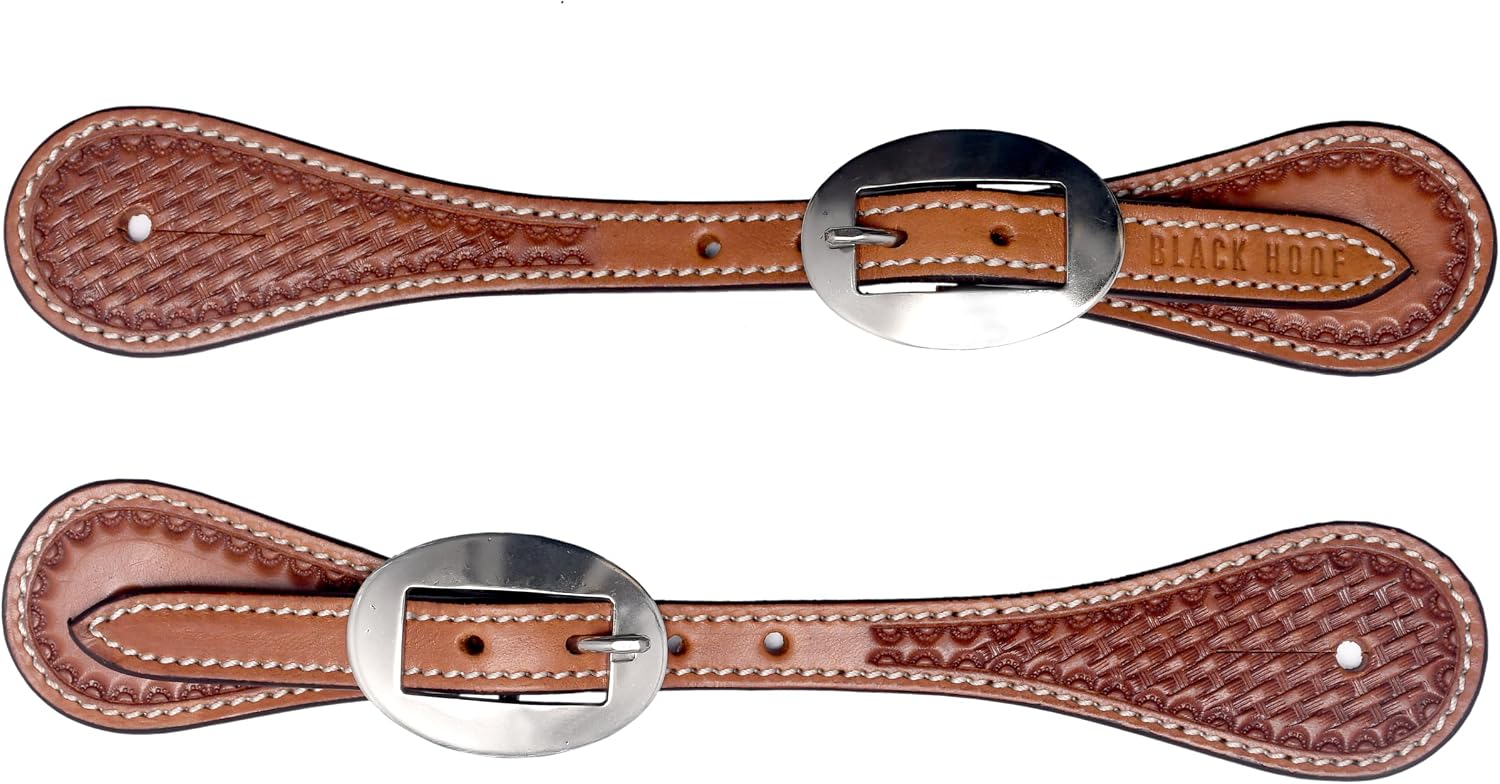 BLACK HOOF Basket Tooled Leather Spur Straps for Horse Riders | Western Men, Women, Adjustable Single Ply Spur Straps