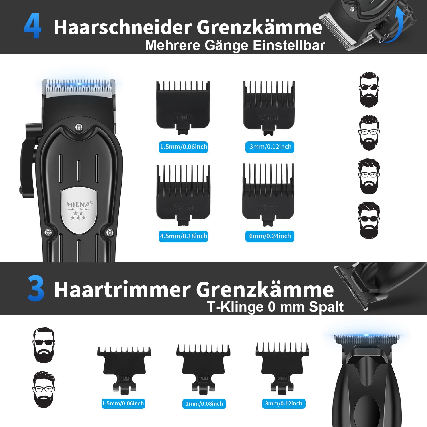 HIENA PRO Profi Haarschneidemaschine Set für Männer, Schnurloses Haarschneider, Barttrimmer, Folienrasierer, Nasentrimmer Set, Komplettes Elektrischer Haarschneider Kit mit 7 Führungskamm (249 Set)