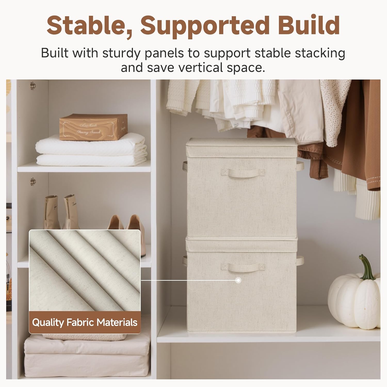 StorageWorks Fabric Storage Bins with Lids, Stackable Closet Storage Boxes with Handles, Decorative Storage Organizers, 15" x11¼x12½, Beige, 2-Pack