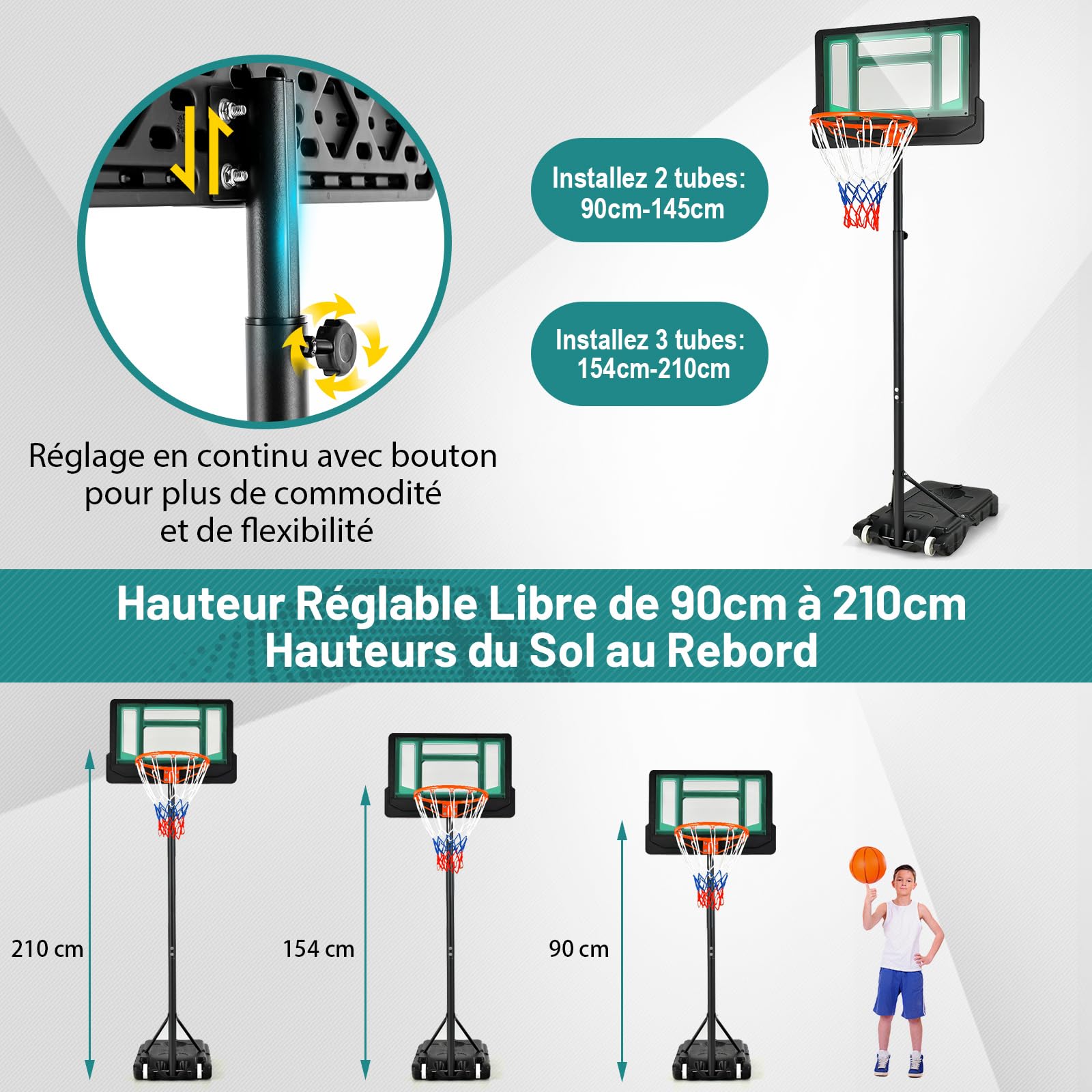 COSTWAY Panier de Basketball sur Pieds avec Hauteur Réglable 90-210 CM, Support de Basket à roulettes avec Base Remplissable Panneau en PE, pour Adultes ou Enfants 3 Ans+