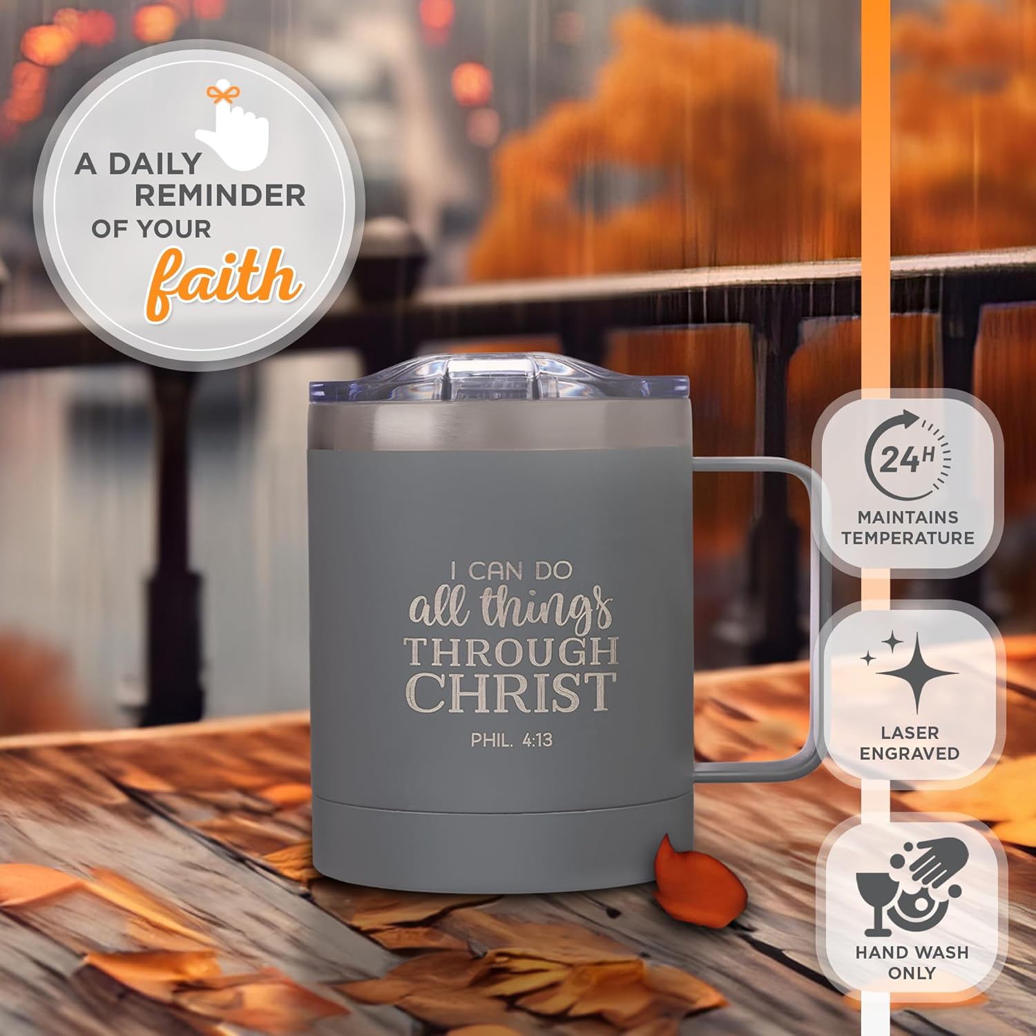 Christian Art Gifts Stainless Steel Double Wall Vacuum Insulated Camp Style Travel Mug 11 oz Gray Coffee Mug with Lid and Handle for Men and Women - All Through Christ -Philippians 4:13 - Image 4