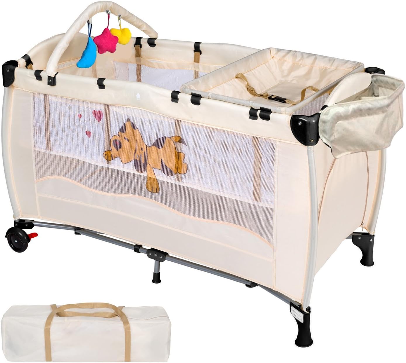 WeFun Travel Cot With Newborn Bassinet and Changing Station (Beige)