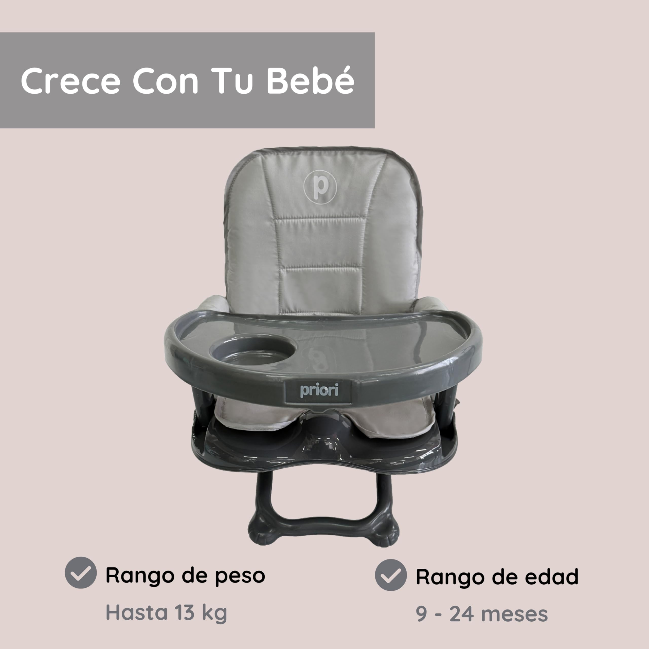 Priori Baby London Seggiolone portatile pieghevole per bambini con gambe ribellibili - Sedile sollevatore per mangiare con imbracatura a 3 punti, cinghie di sicurezza, copertura lavabile, leggera, per