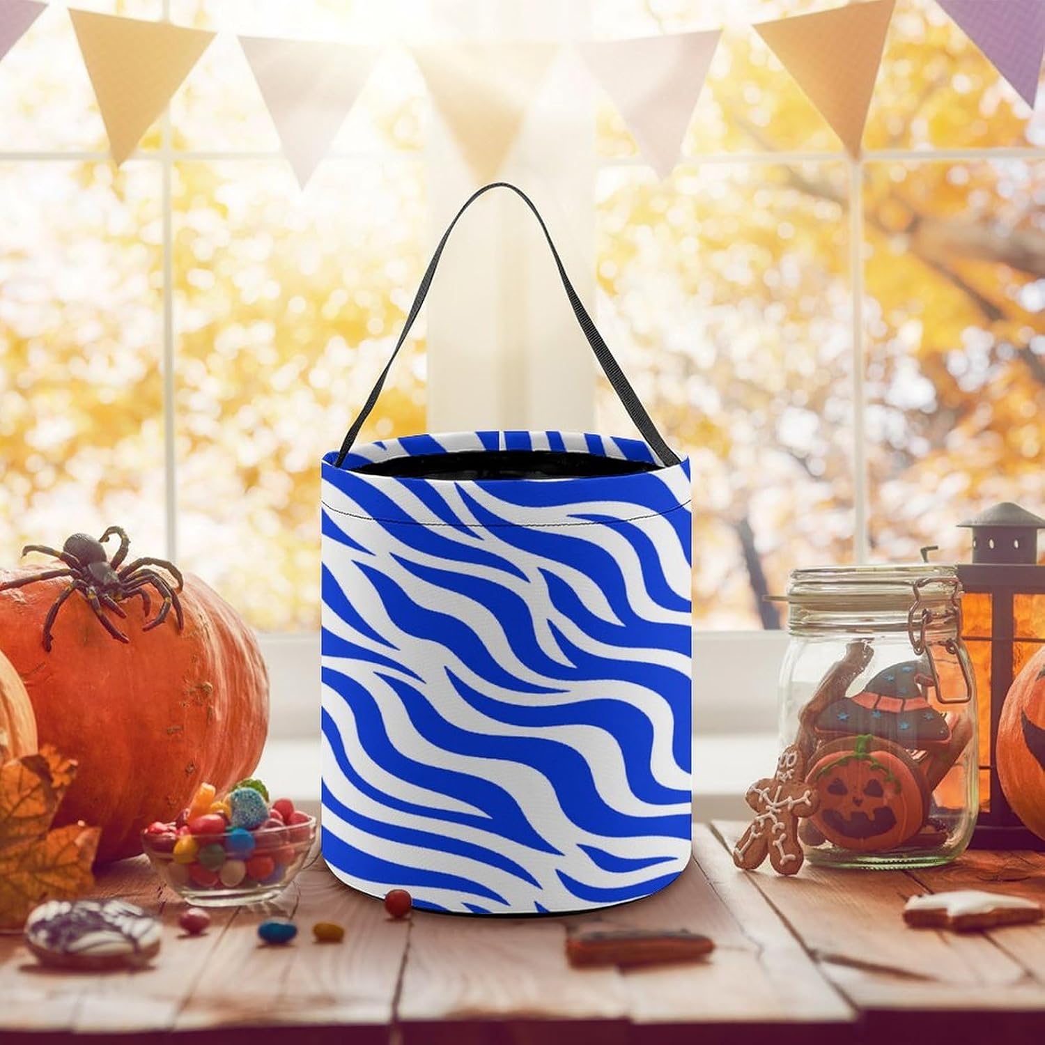 Blue Zebra Print Halloween Trick Or Treat Bucket Candy Tote Hand‑held Pouch for Cosplay Theme Party Gift Storage image 5