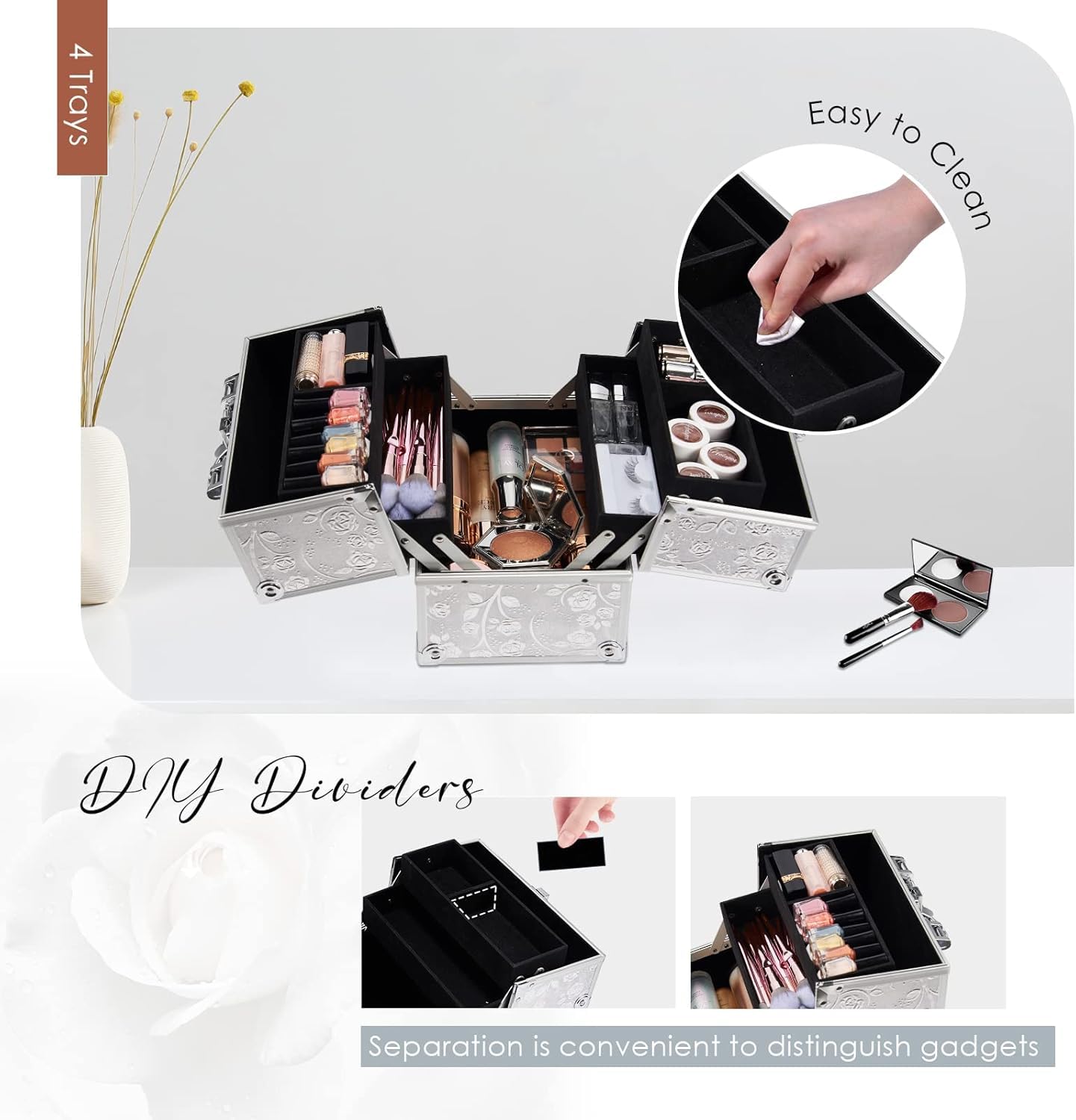 Beauty case con 4 vassoi, organizer per cosmetici, con serrature, Rosa argentata.