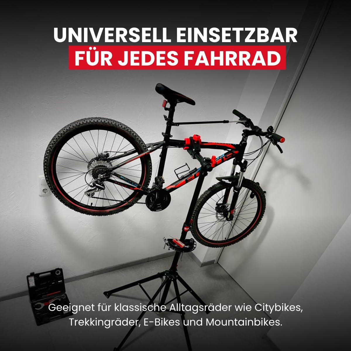 WALTER Fahrrad Reparaturständer, Montageständer, belastbar bis 30 kg, klappbar, fünfbeinig, individuell einstellbare Arbeitshöhe zwischen 108cm und 190cm, inkl. Schrauben- und Werkzeugablage