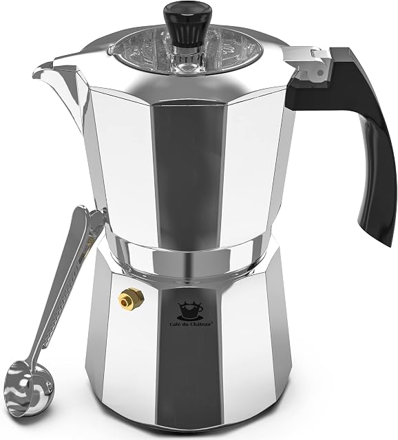 Cafe Du Chateau Espresso Maker - Stove Top Italian Coffee Maker with Transparent Top Lid, High Gloss Finish, Coffee Clip Spoon - 6 Cup Coffee Percolator and Moka Pot for Mocha Cappuccinos, Lattes