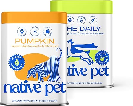 Native Pet Pumpkin Powder for Dogs 30 Scoops and The Daily Dog Supplement 30 Scoops - All-Natural, Organic Pumpkin Fiber and 11 in 1 Dog Multivitamins & Supplements