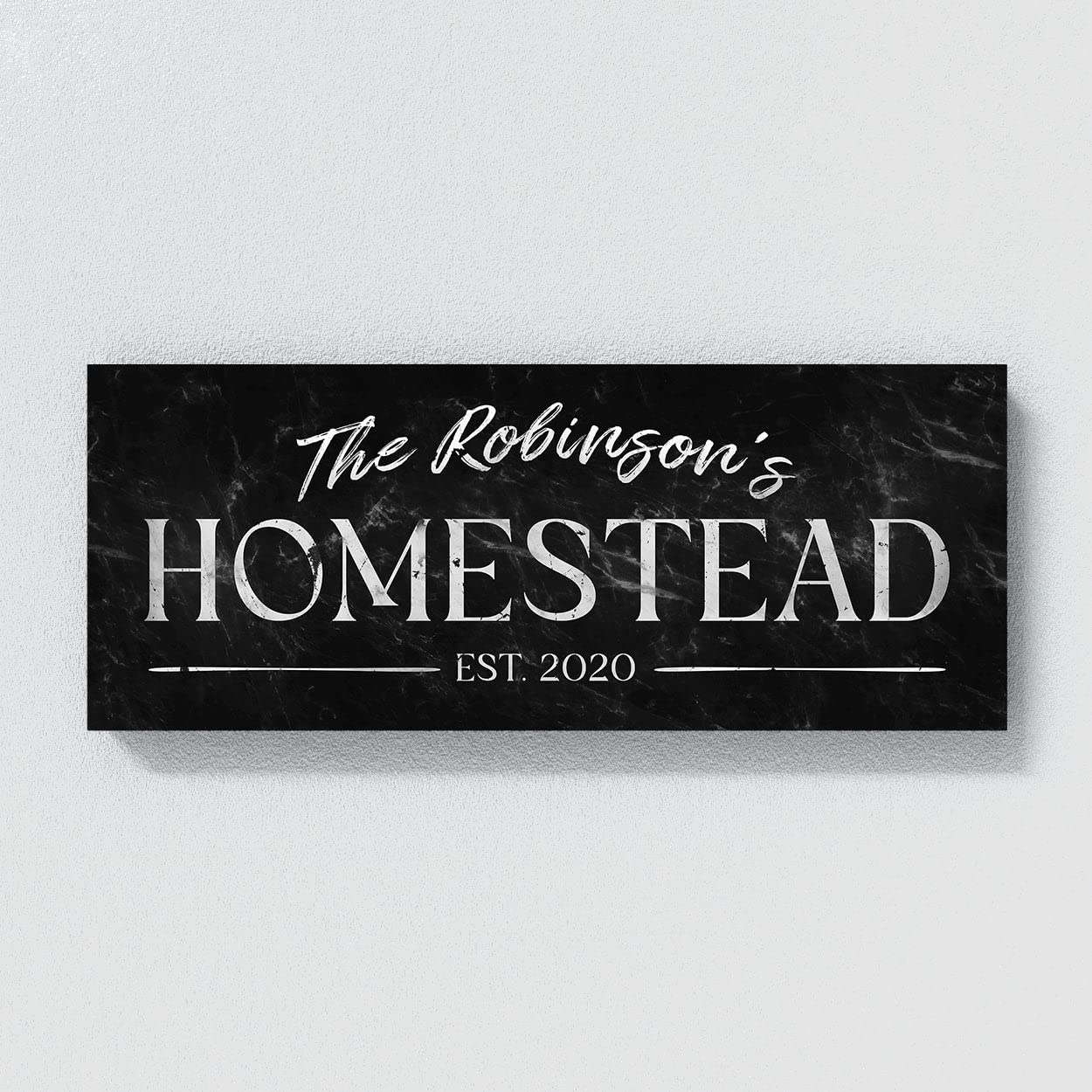 Cartel personalizado de mármol negro con nombre familiar para casa de campo, porche, patio, apellido establecido, decoración del hogar, arte de pared, pintura grande, 40 x 16 pulgadas, lienzo sentido