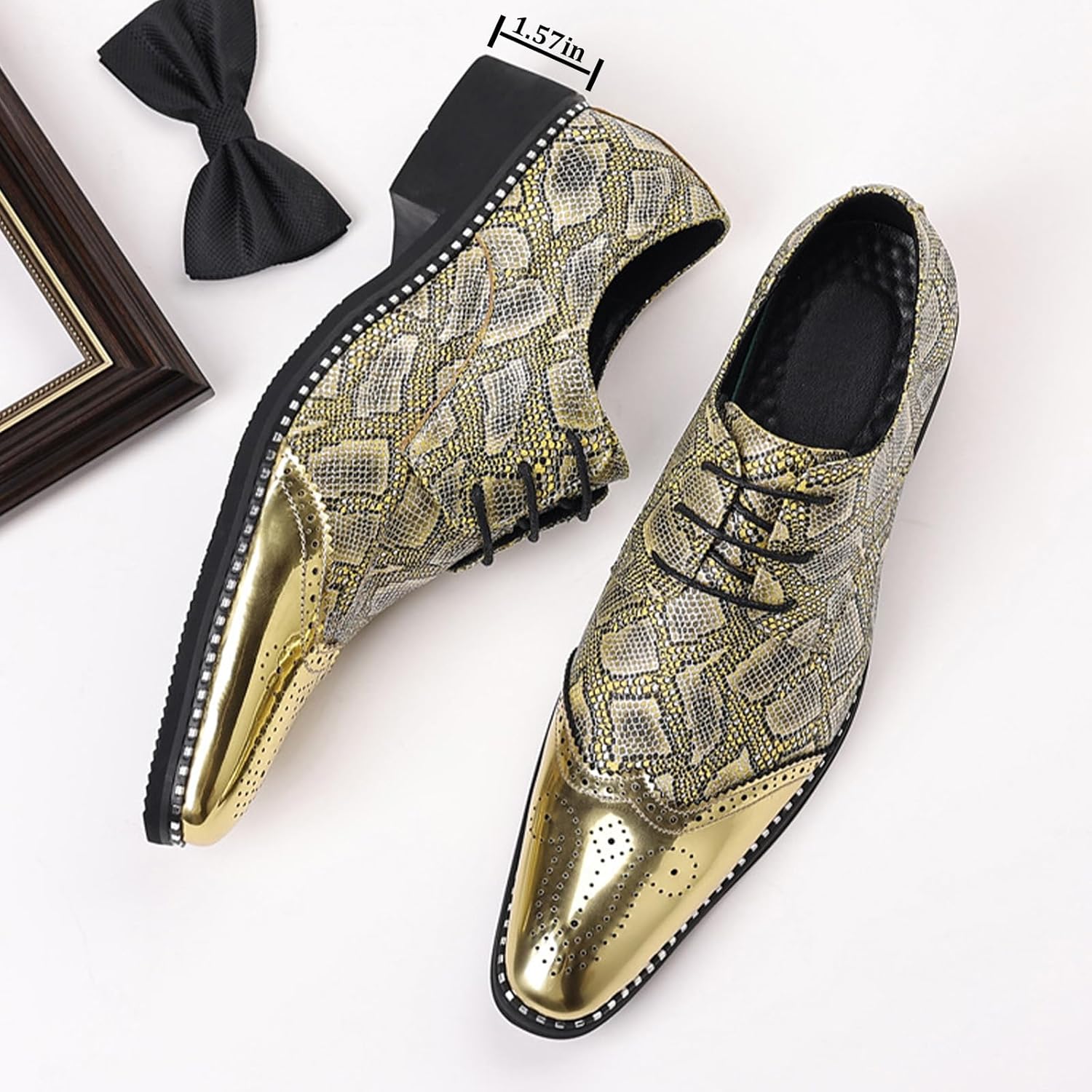 Men's Sparkly Snakeskin Point Toe Brogue Oxford Shoes with Metal Decoration Comfortable Soft Sole Lace Up Block Heel Low Top Chelsea Boots Non Slip Weddings Party Dress Derby Shoes - Image 3