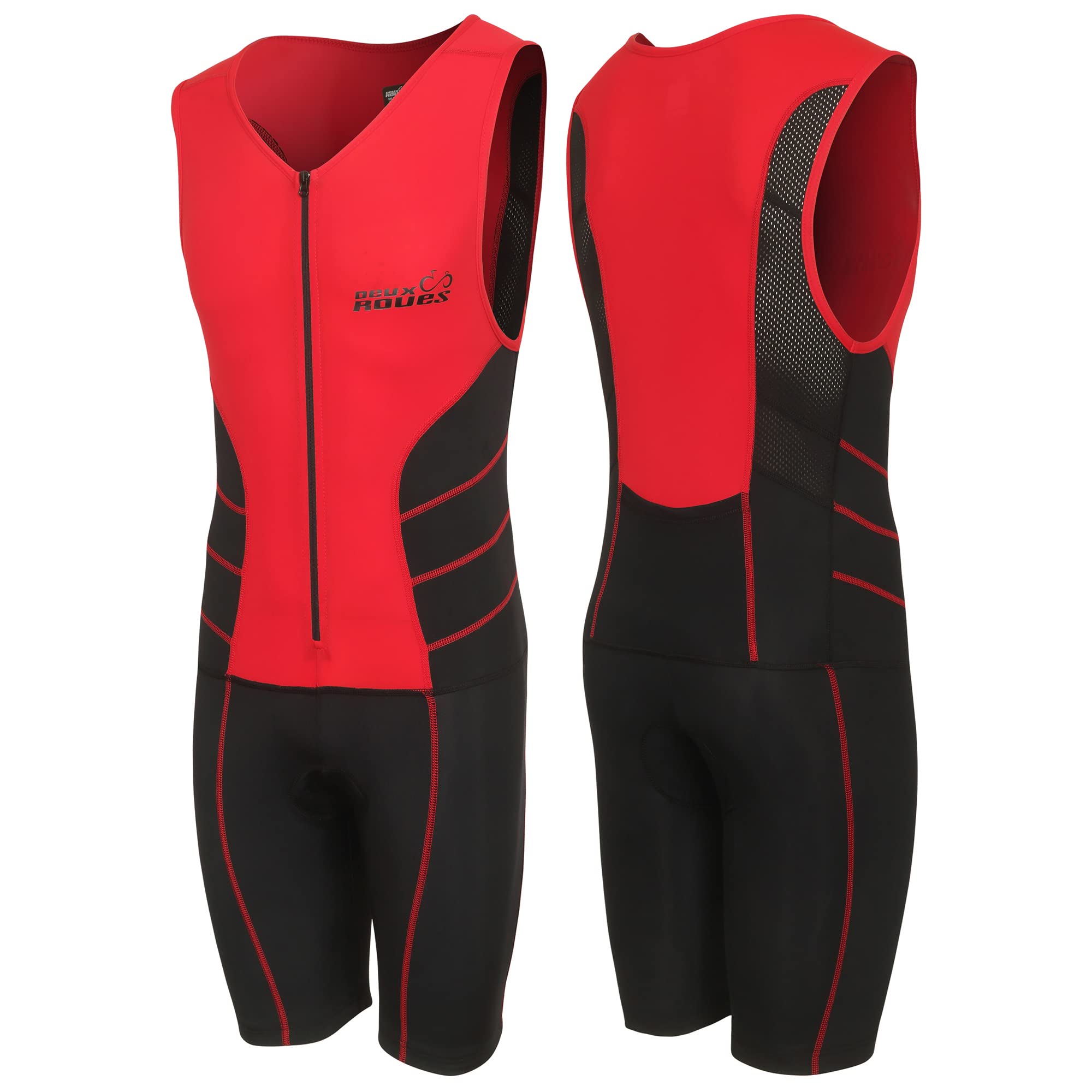 Deux Roues Triathlon Suit Men Racing Tri Cycling Skin Suit Bike Swim Run - Bonus Race Bib Belt (Red, 3X-Large)
