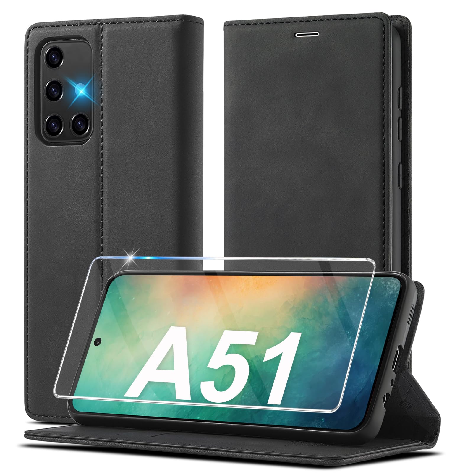 Ailicici Leather Case with Screen Protector for Samsung Galaxy A51, Foldable Leather Flip Wallet, Shockproof Case, Protective Holster Flip Case for Samsung Galaxy A51 4G
