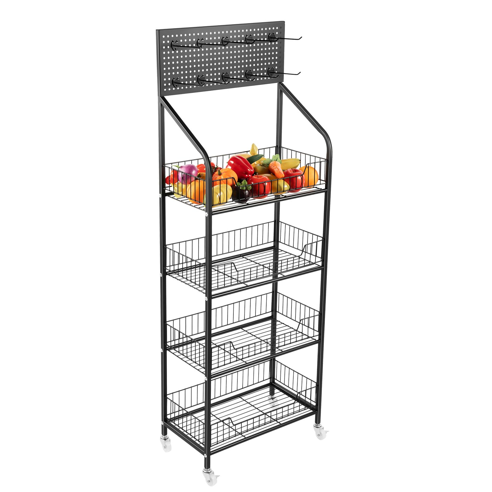 OUKANING Snackregal mit 4 Ebenen, Regal für Süßigkeiten mit Hängebrett & Rollen, Snack-Display & Chips-Regal, Höhenverstellbar Einzelhandelsständer Für Läden Zuhause, Geschäfte 50x27x140cm Schwarz Küc