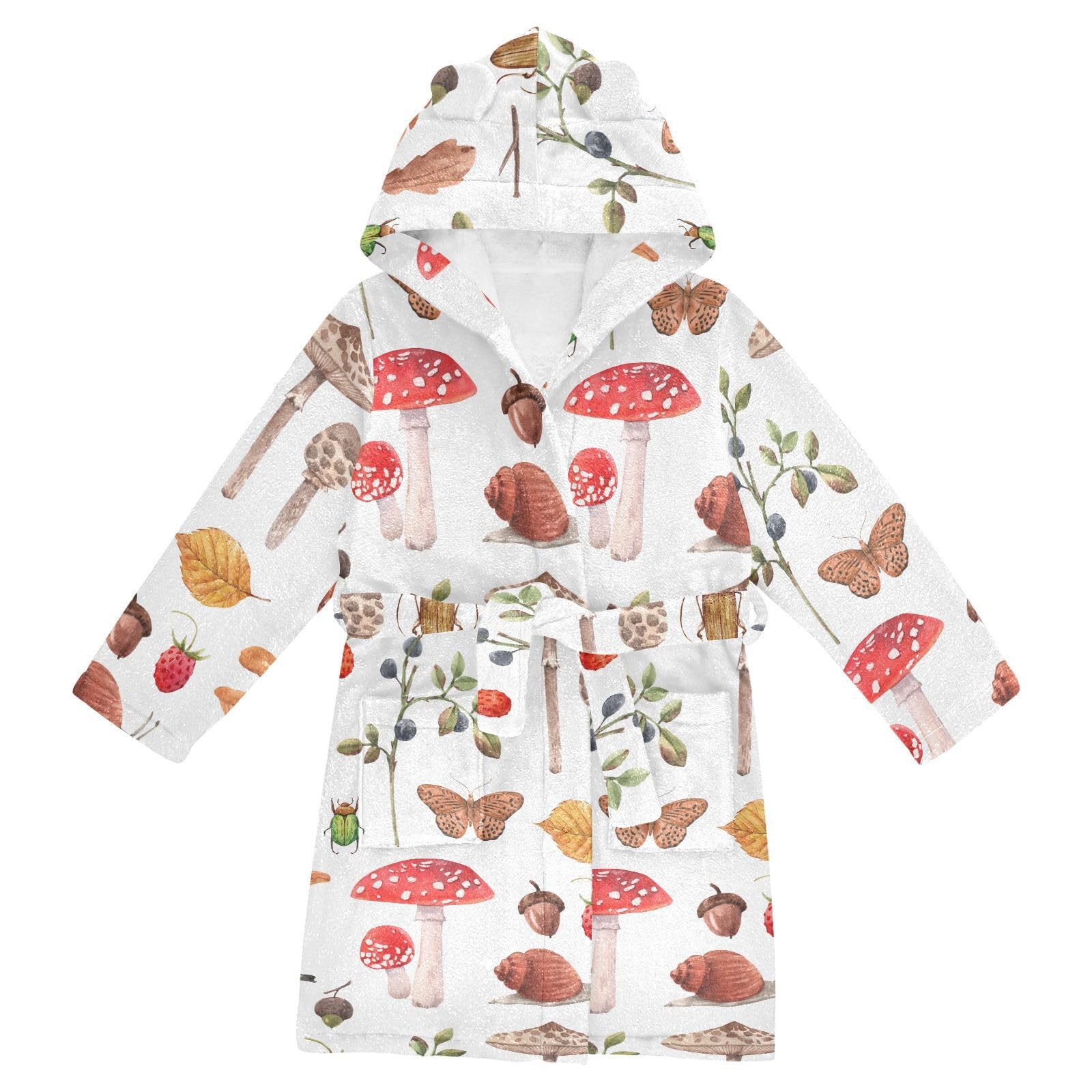 WIFIU Toddler Baby Hooded Bathrobe for Boys Girls Autumn Mushrooms Berries Snail Printed, Soft Plush Bath Towel Robe with 2 Pockets for 10-12 Years