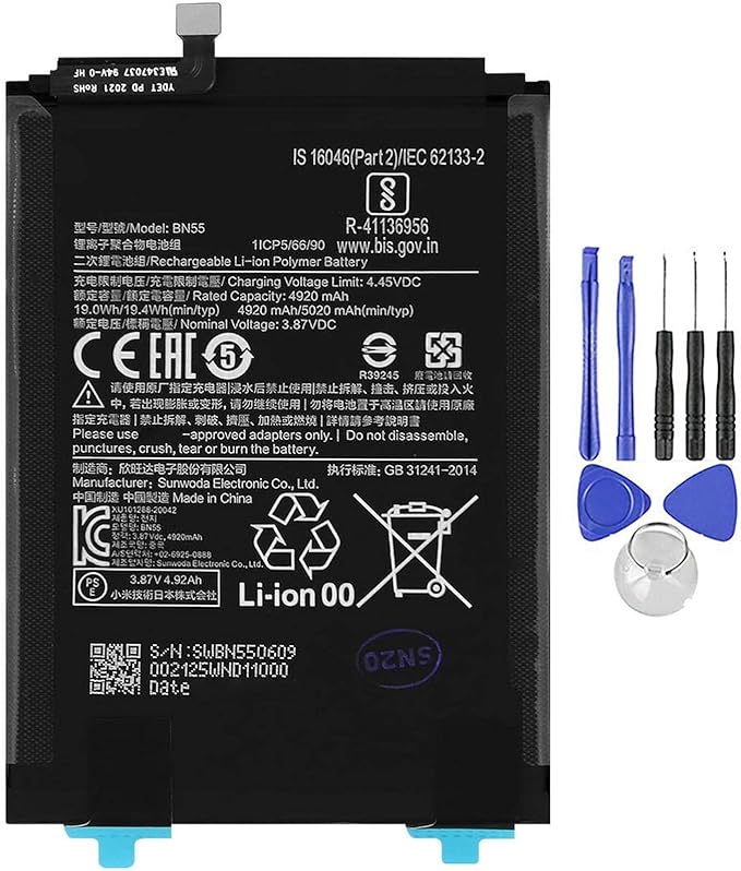 Batería compatible con Xiaomi Redmi Note 9S MI BN55 5020 mAh de alta capacidad con kit de montaje incluido
