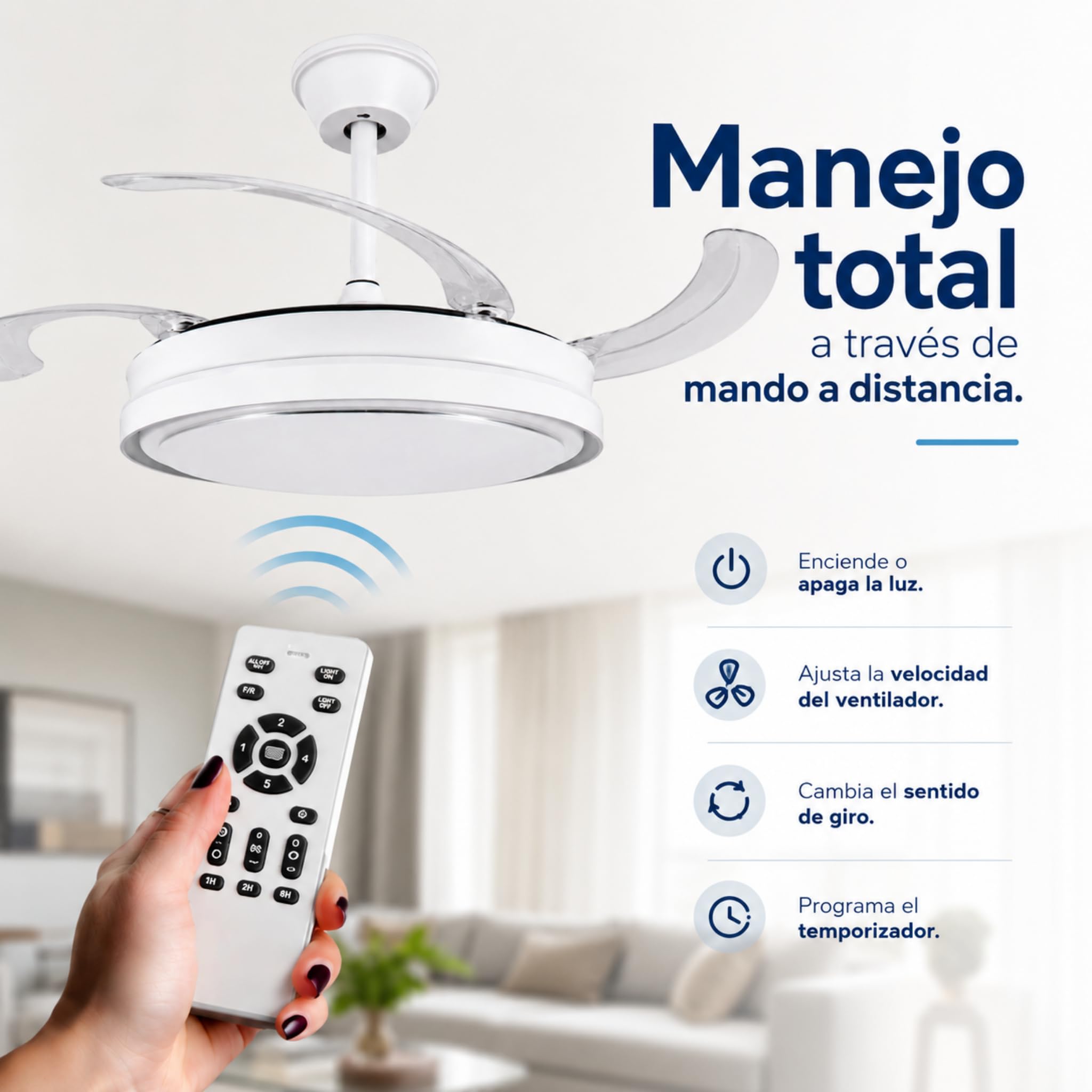 IluminaShop Ventilador de Techo con luz LED White-Faro Motor DC 30W+Luz 40W, Luz CCT Regulable y Control de Intensidad, Función Silenciosa, 6 Velocidades, 4 Aspas Retráctiles