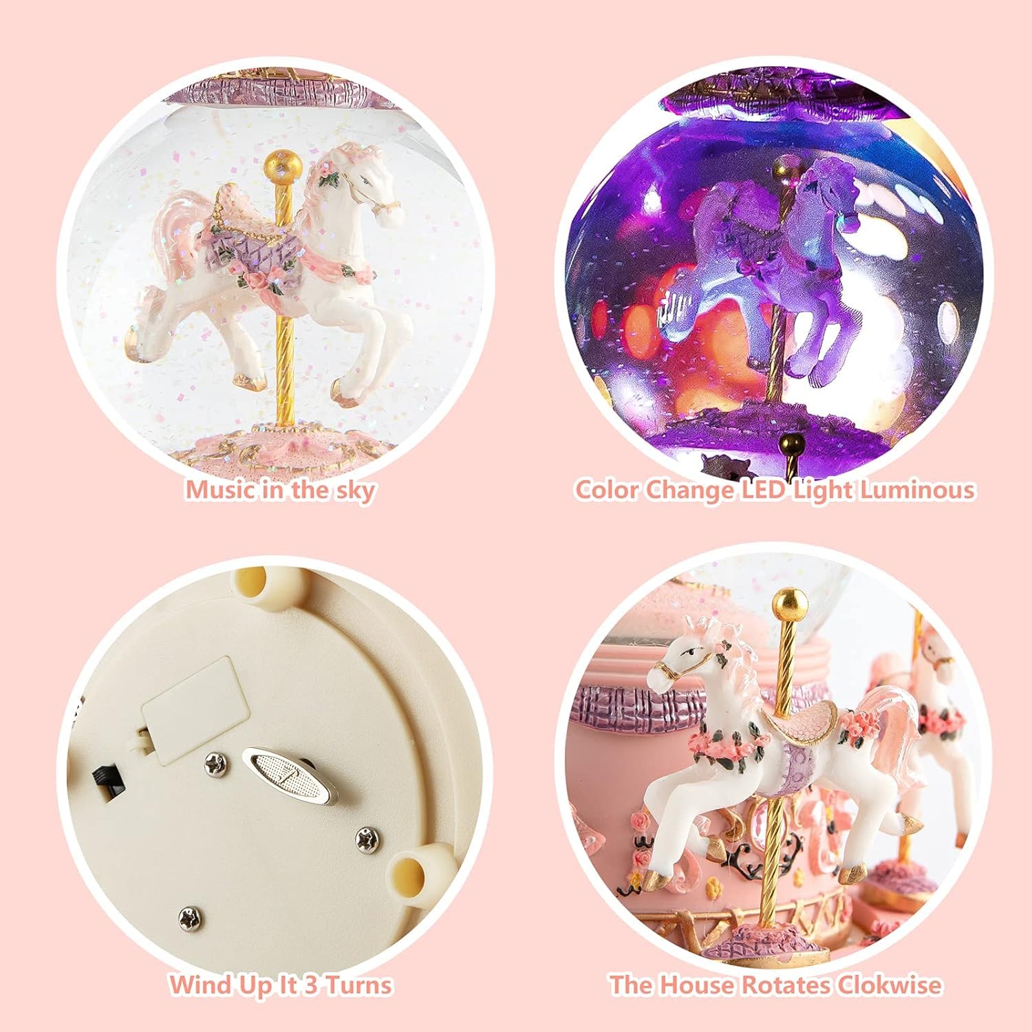 Musfunny Schneekugel Musik Spieluhr Für Kinder Karussell: Snow Globe Mit Farbwechselnde LED-Leuchten - Musik Schneekugel Als Geburtstags Tauf Kinder Mädchen Babys