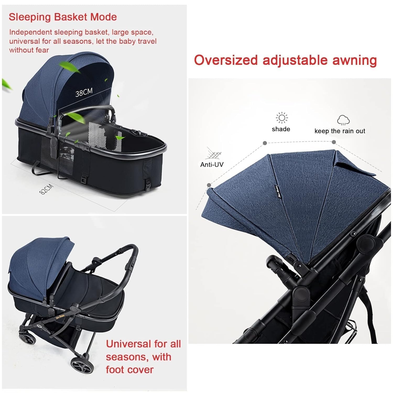 Rieort Poussettes Tandem Pliables en Alliage d'aluminium Poussette jumelle Tout-Terrain Chariot séparable Poussette Grand Espace Poussette Double