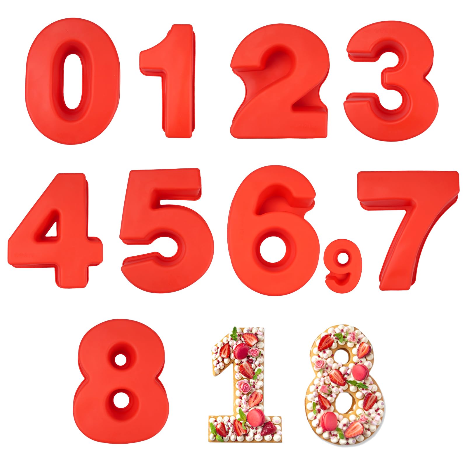 9 Stück Silikon Backform Zahlen Kuchenform Zahlen 0-8 Number Cake Backform Groß Backformen Set Zahlen Backform für Kuchen Keksen Pralinen Geburtstag Party(Rot)