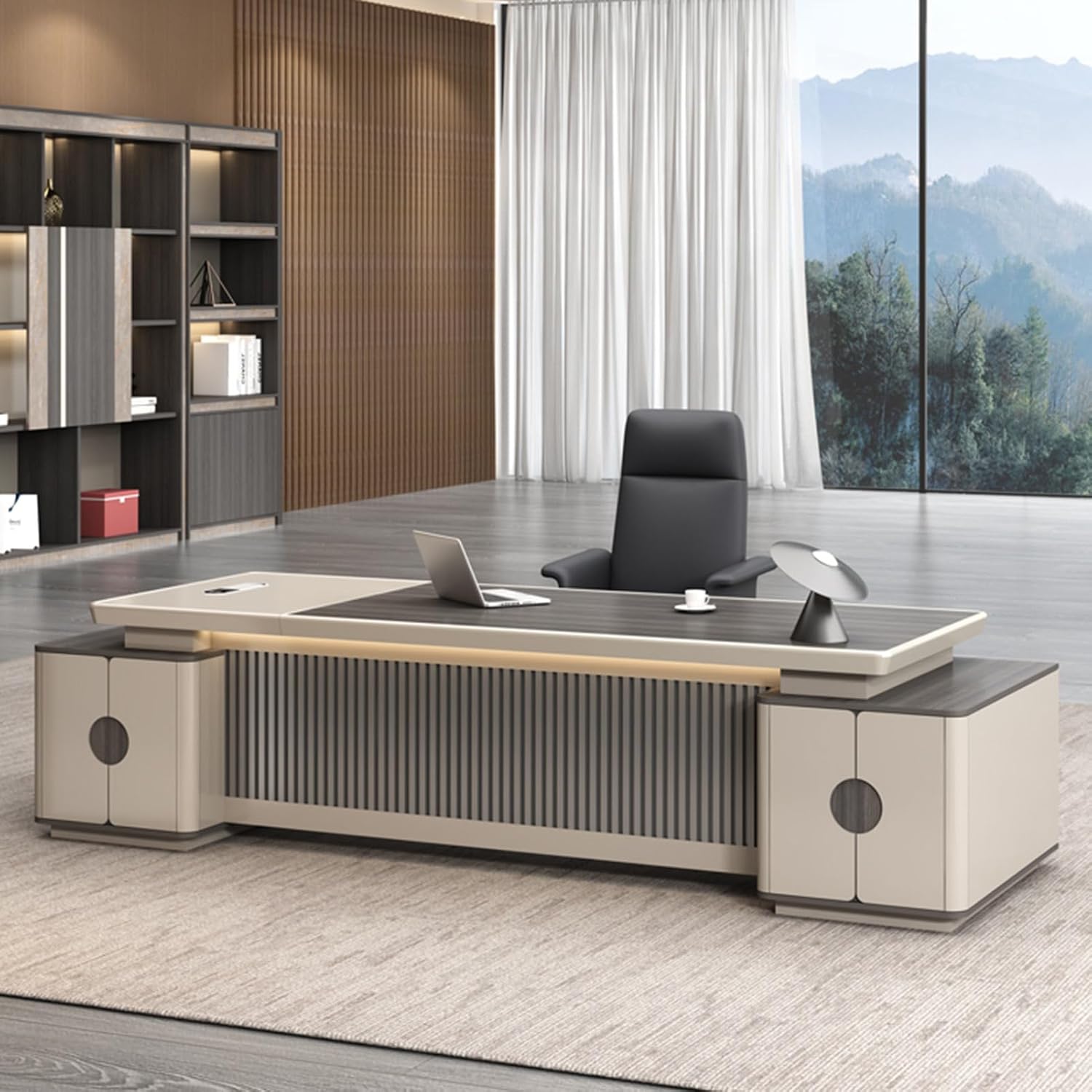 Large Wood Computer Desk Executive Office Desk with Lateral Cabinet Writing Study Table Business Furniture Set for CEO Boss