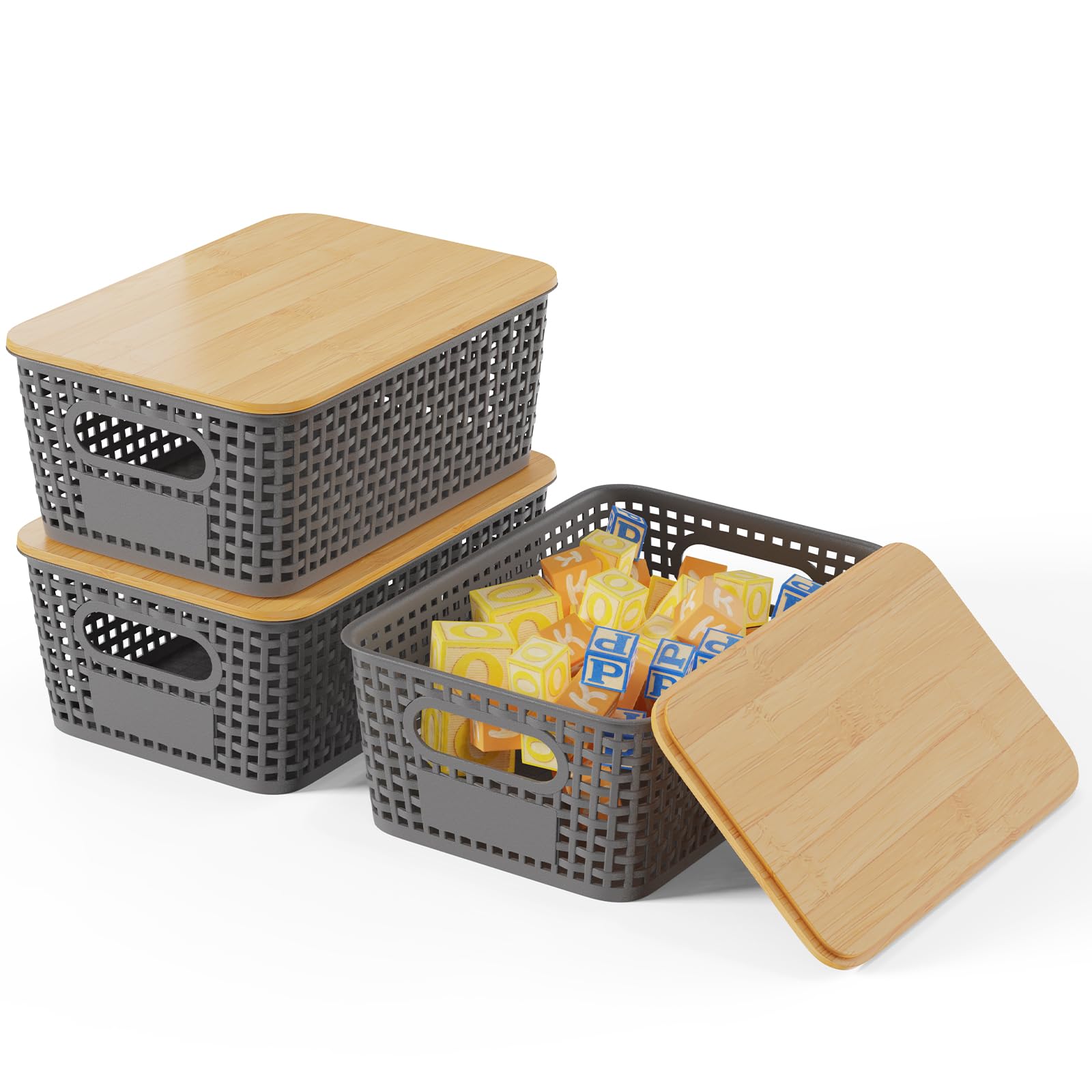 Shrivee Set of 3 Storage Boxes with Bamboo Lid, 5 L Storage Basket, Plastic Basket Storage