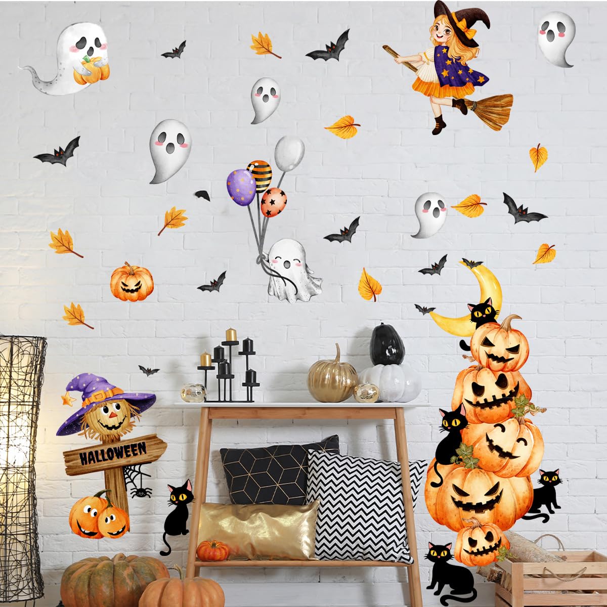 OUFEI Halloween Wall Stickers Pumpkin Ghost Decals Floral Wallpaper Peel and Stick Fantasy Flower Butterfly Wall Decals for Halloween Bedroom Living Room Wall Decoration - Image 3