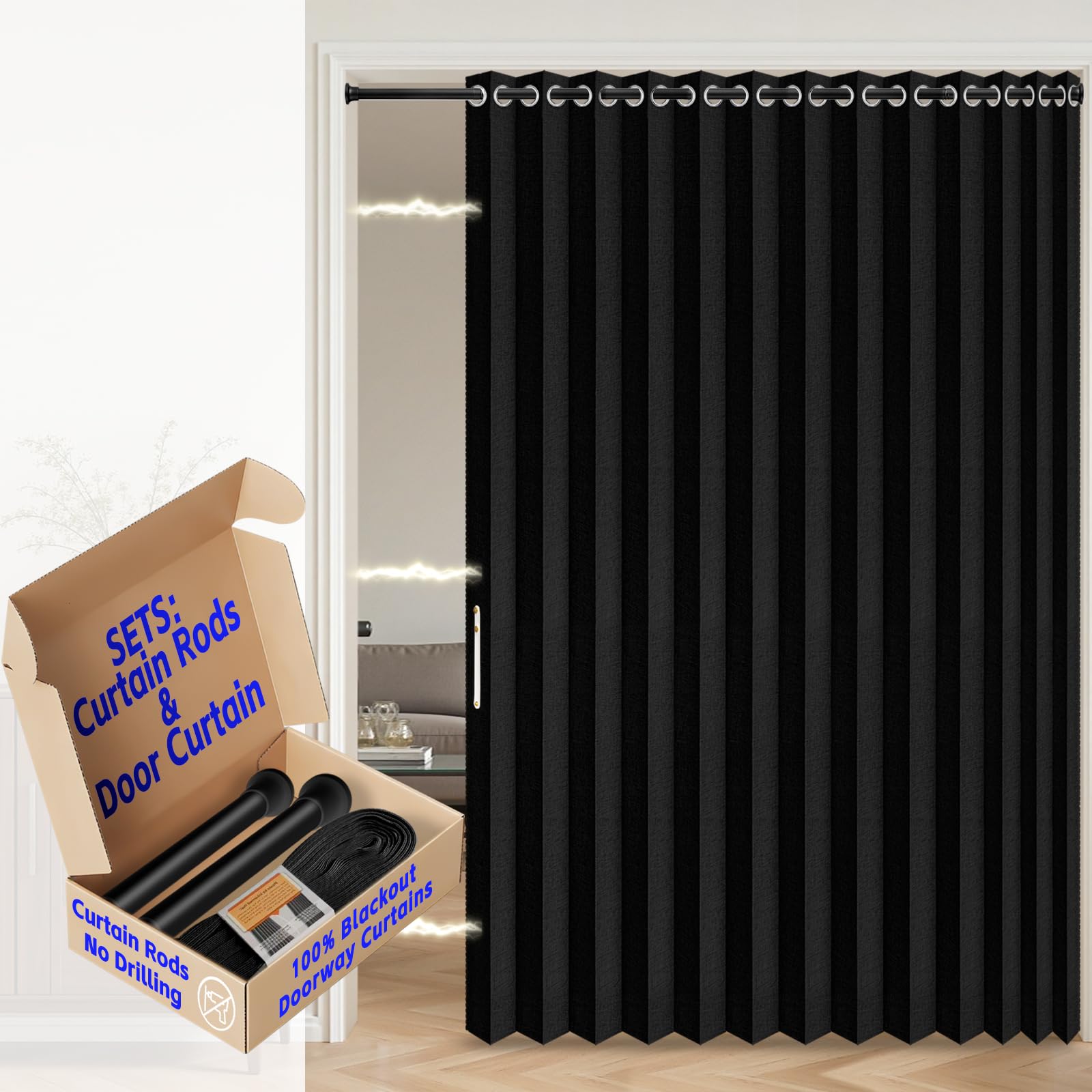 AJAZZ 100% Blackout Door Curtains for Doorways, Accordion Doors for Doorway, Magnetic Door Curtain for Bedroom Living Room Doorway Curtain Sets Included Rod, 1Pack, W75 x L80 Inch, Black โ image 1