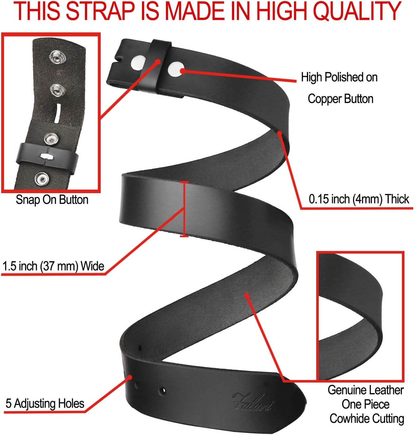 Falari Replacement Genuine Leather Belt Strap Without Buckle Snap on Strap 1.5" Wide 8005 - Image 4