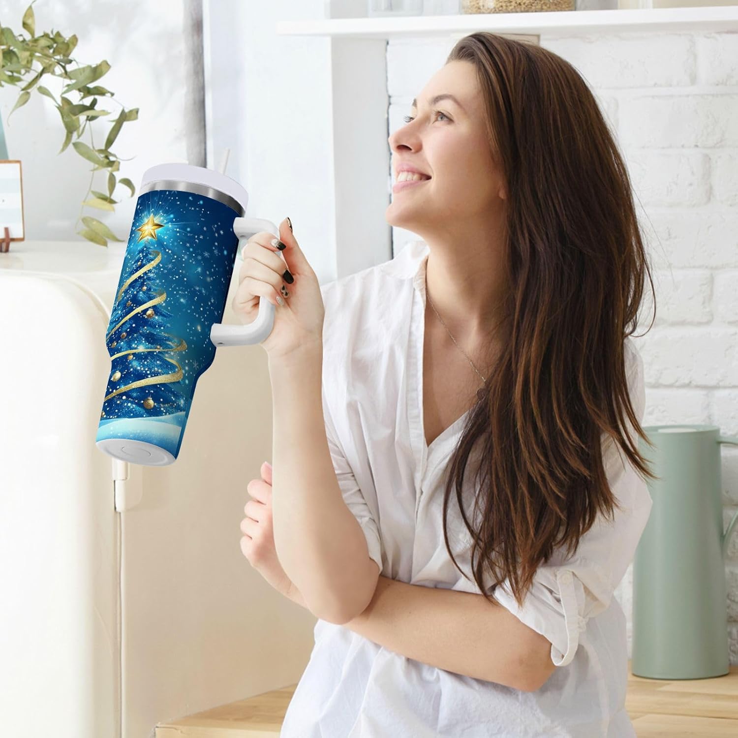 Aslsiy 40oz Tumbler with Handle and Straw Blue Snow Christmas Tree Insulated Stainless Steel Cup Travel Coffee Mug for Women Men