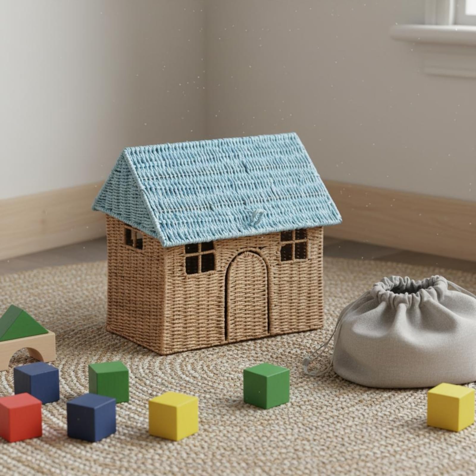kowaku Cestino Portaoggetti Bambini Cesto Contenitore Scatola Organizer Cestino Giochi Design a Casetta Decorativo in Corda di Carta con Telaio in Ferro per