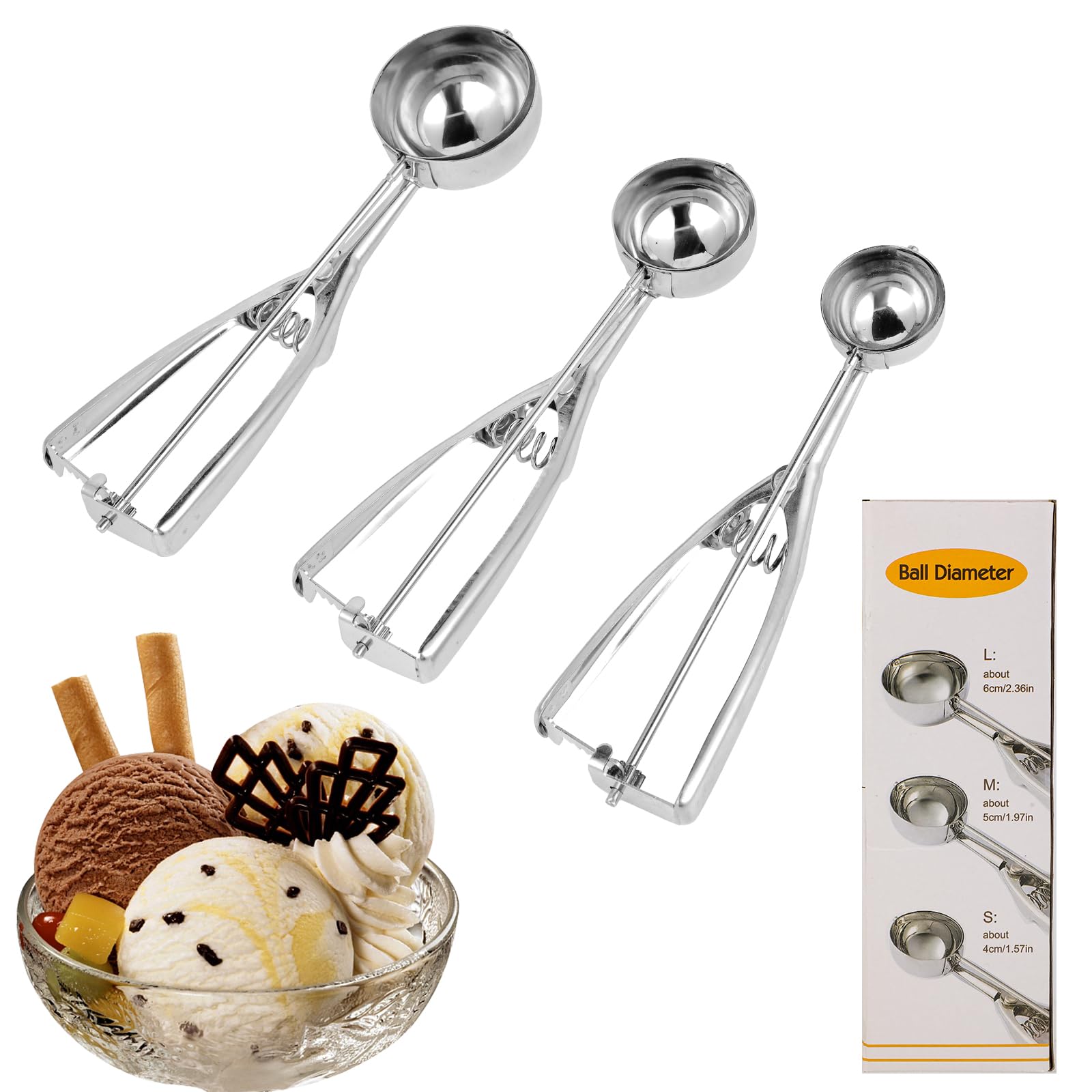 Cucchiaio per Gelato in Acciaio Inox - Set di 3 Porzionatori 4cm/5cm/6cm Ice Cream Scoop