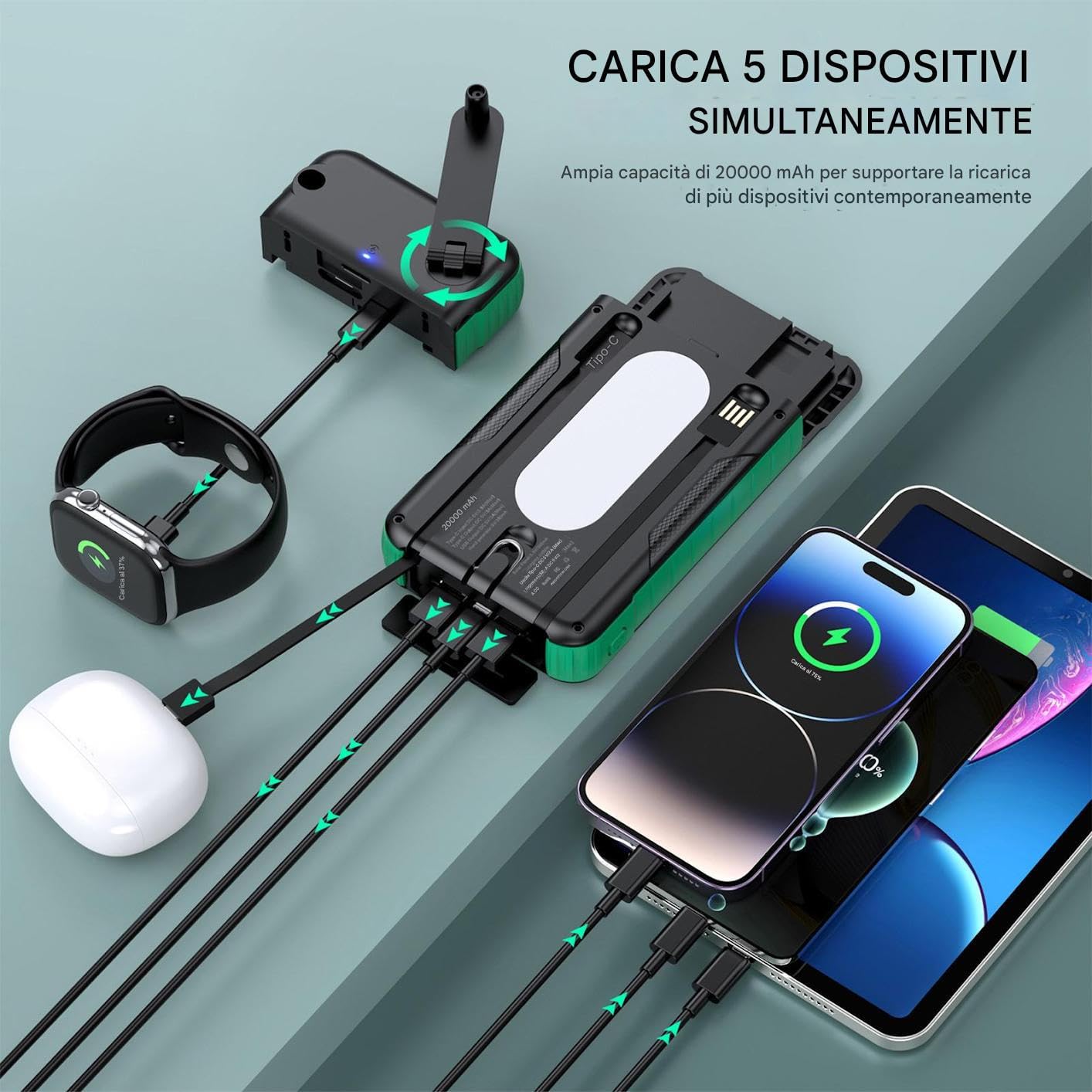 Caricatore Solare Power Bank Batteria da 20000mAh per Sopravvivenza | Power Bank Solare con Manovella per Viaggio Pesca Campeggio Escursionismo Viaggio Zaino in Spalla Festival