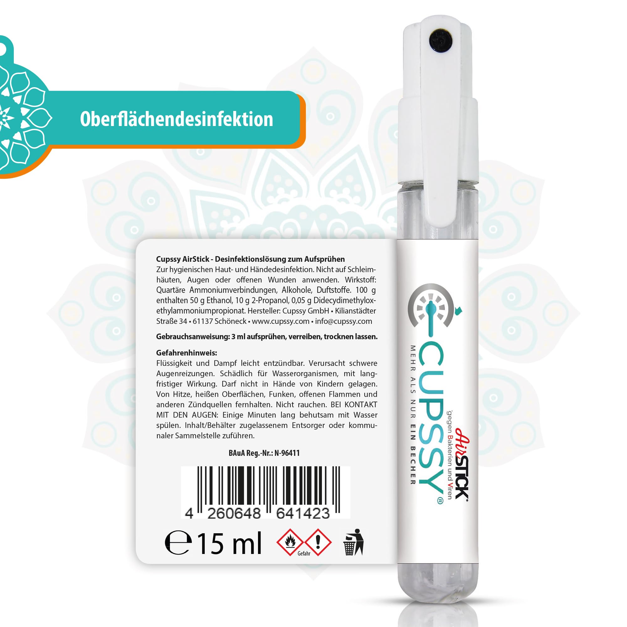 AirStick, Desinfektionsmittel, Reise Flächendesinfektionsmittel, kein auslaufen, Für Robust, Desinfektionsmittel Flächen, bekämpft Bakterien 99,9%, Nachfüllbar, sauber&schonend, 3x15ml