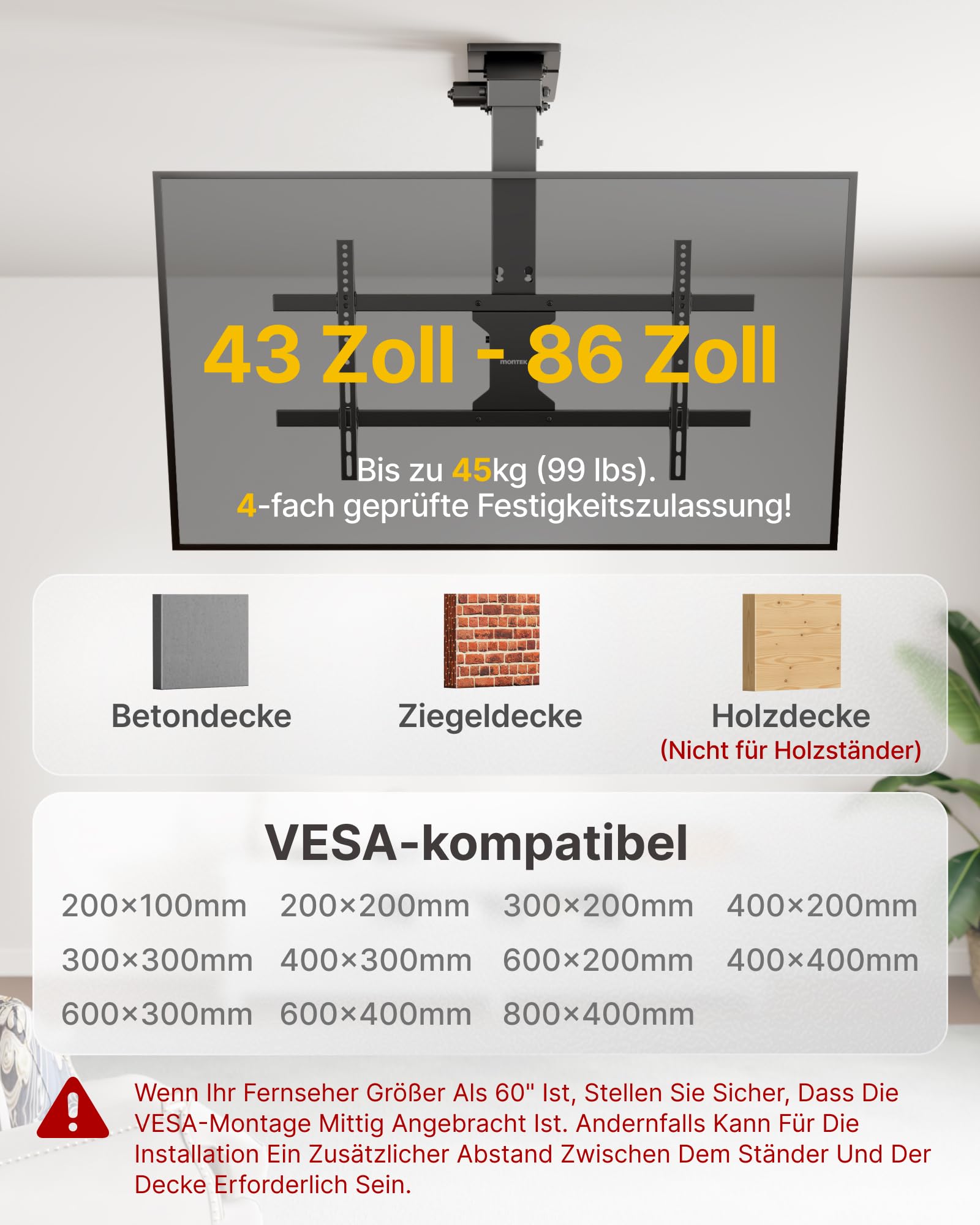 monTEK TV Deckenhalterung Elektrisch für 43-86 Zoll Fernseher, Elektrische TV Halterung Motorisiert Absenkbar für Flache & Geneigte Decken, Bis zu 45 kg Tragkraft, Fernbedienung/App/Sprachsteuerung
