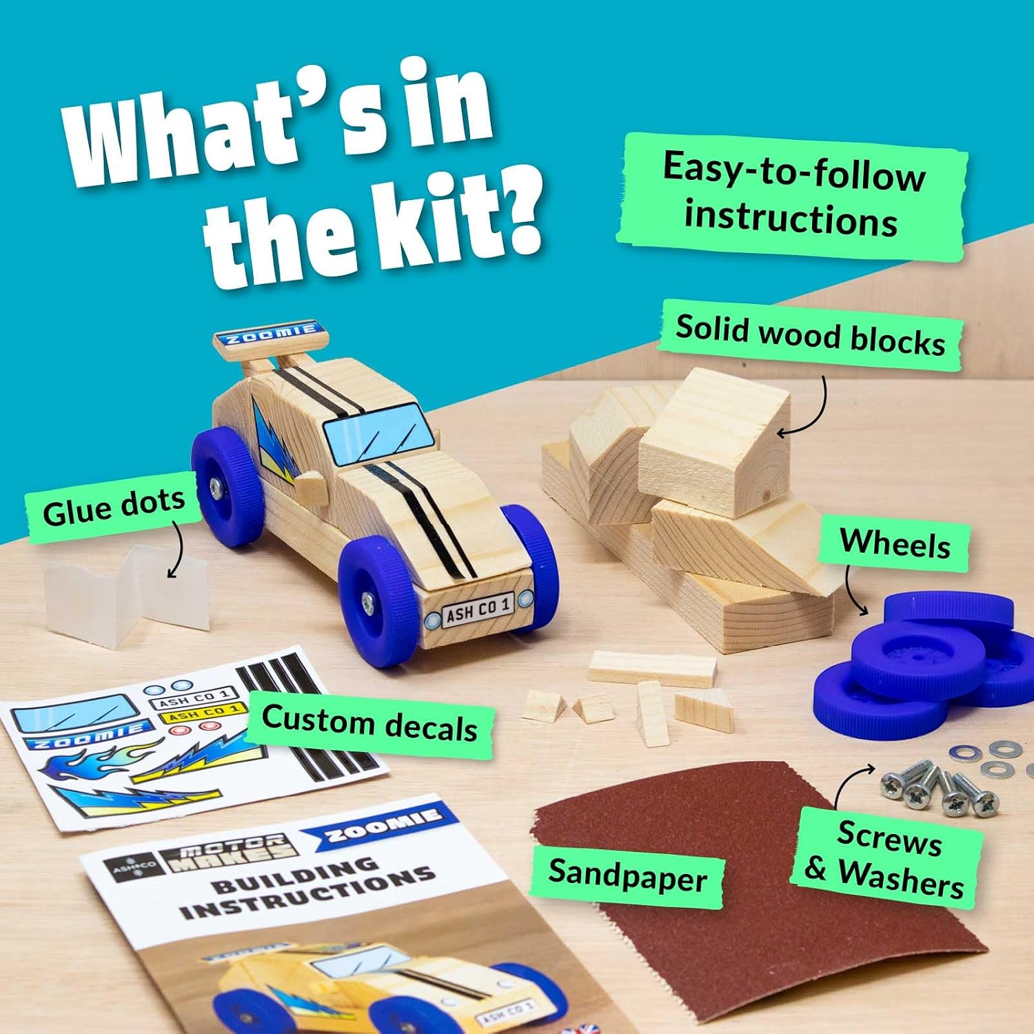 Ash & Co Motor Makes Build a Wooden Car, Zoomie / Blue, miniature - Image 3