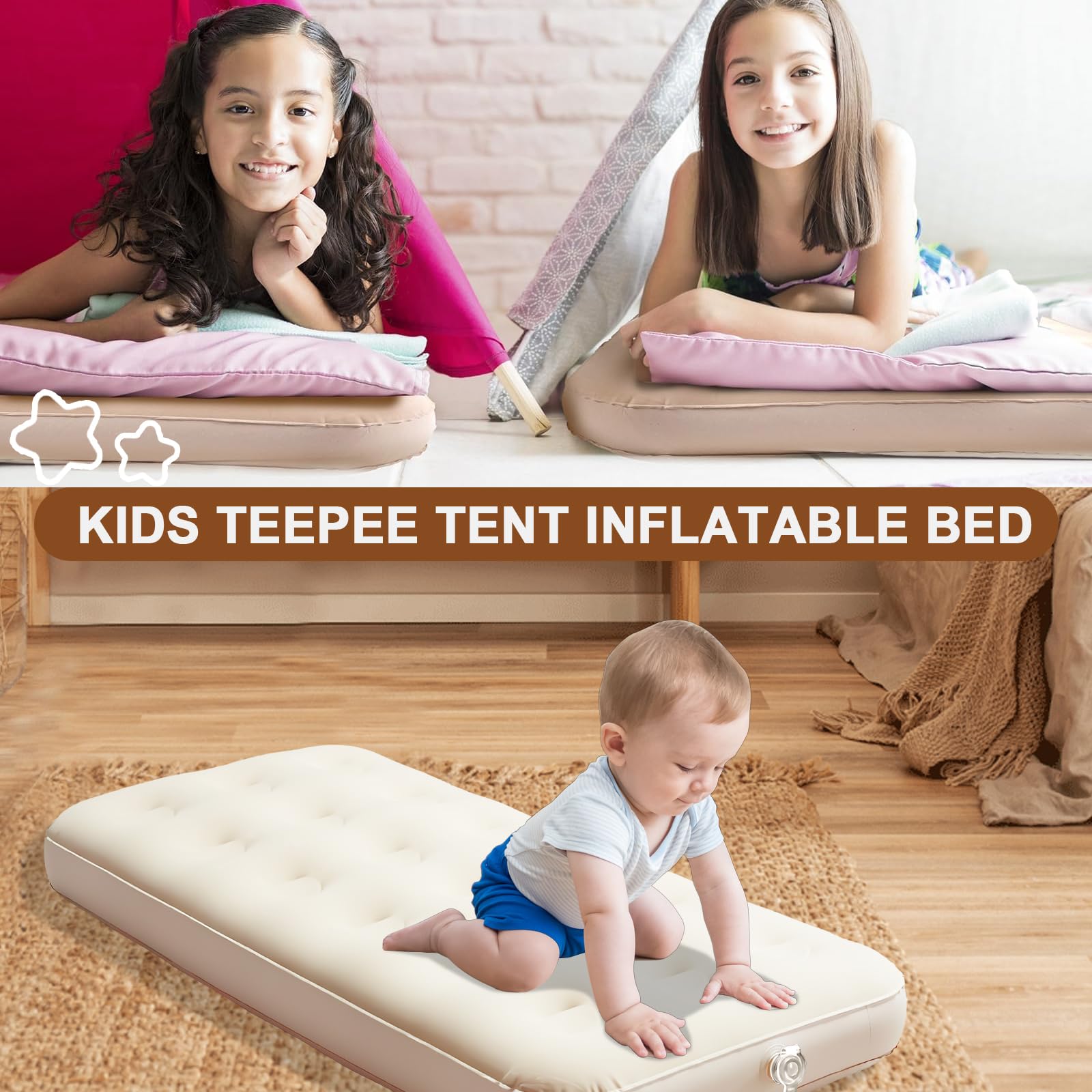 Lot de 2 Lits Gonflables pour Enfants avec Pompe Électrique, 140 x 70 cm | Matelas Floqués en PVC Beige pour Lit de Voyage, Maison, Camping, Soirées Pyjama et Nuits sous Tente