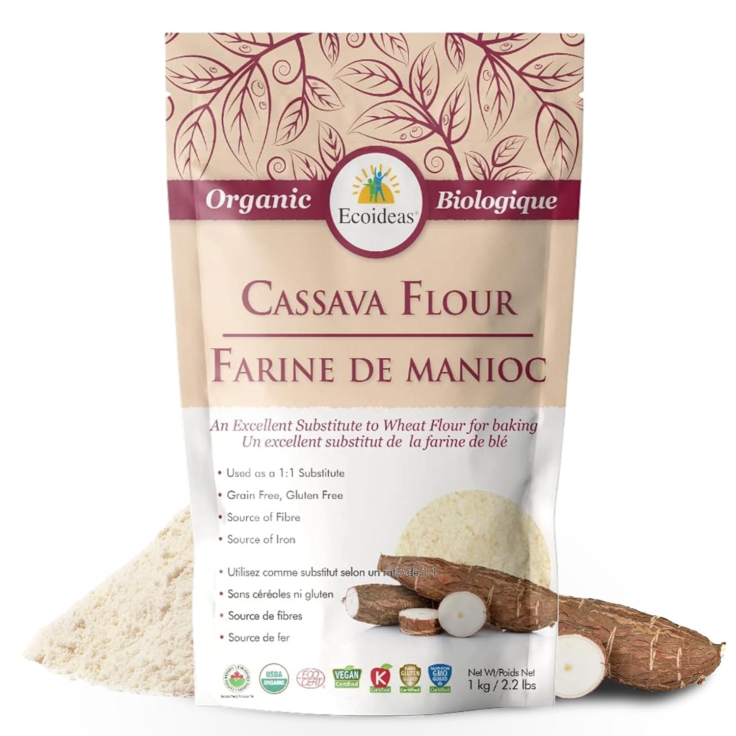 Ecoideas Organic Cassava Flour 1000g – Gluten-Free, Grain-Free, Non-GMO – Ideal for Baking and Cooking – High Fiber, Iron-Rich, Perfect for Healthy Everyday Recipes