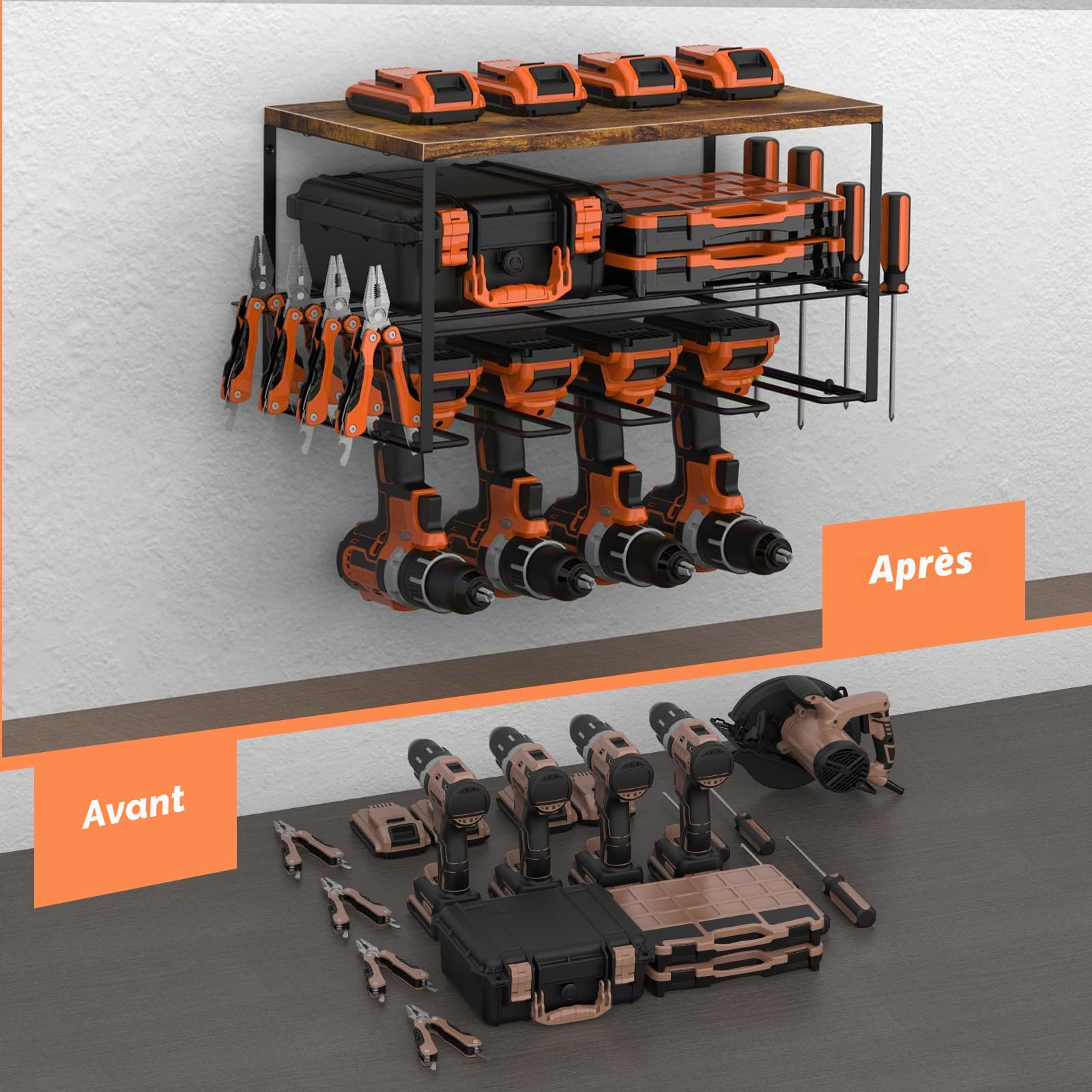 Shinoske Lot de 2 Organiseur D'Outils électriques, Mallette à Outils, Étagère à outils Pour Perceuse électrique En Acier Robuste, Support de Rangement Mural pour Garage Atelier