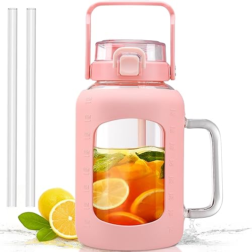 Miniatura 1 de Botella de agua de vidrio de 64 onzas, vasos de vidrio con popote y asa, taza con funda de silicona, botella de agua de boca ancha de medio galón