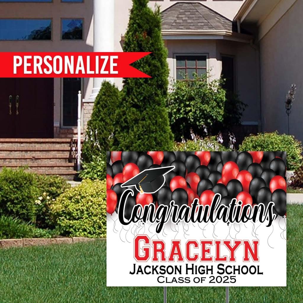 Congratulations Class of 2025 Graduate Personalized Yard Sign with Metal Stake, Red and Black Custom Graduation Party Personalized Lawn Sign